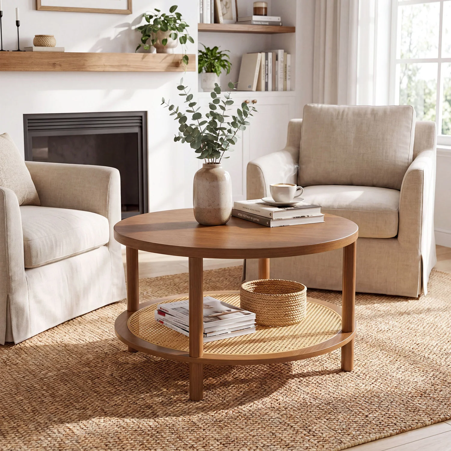 2-Tier Boho Round Rattan Coffee Table with Storage Shelf, Walnut - Image 3