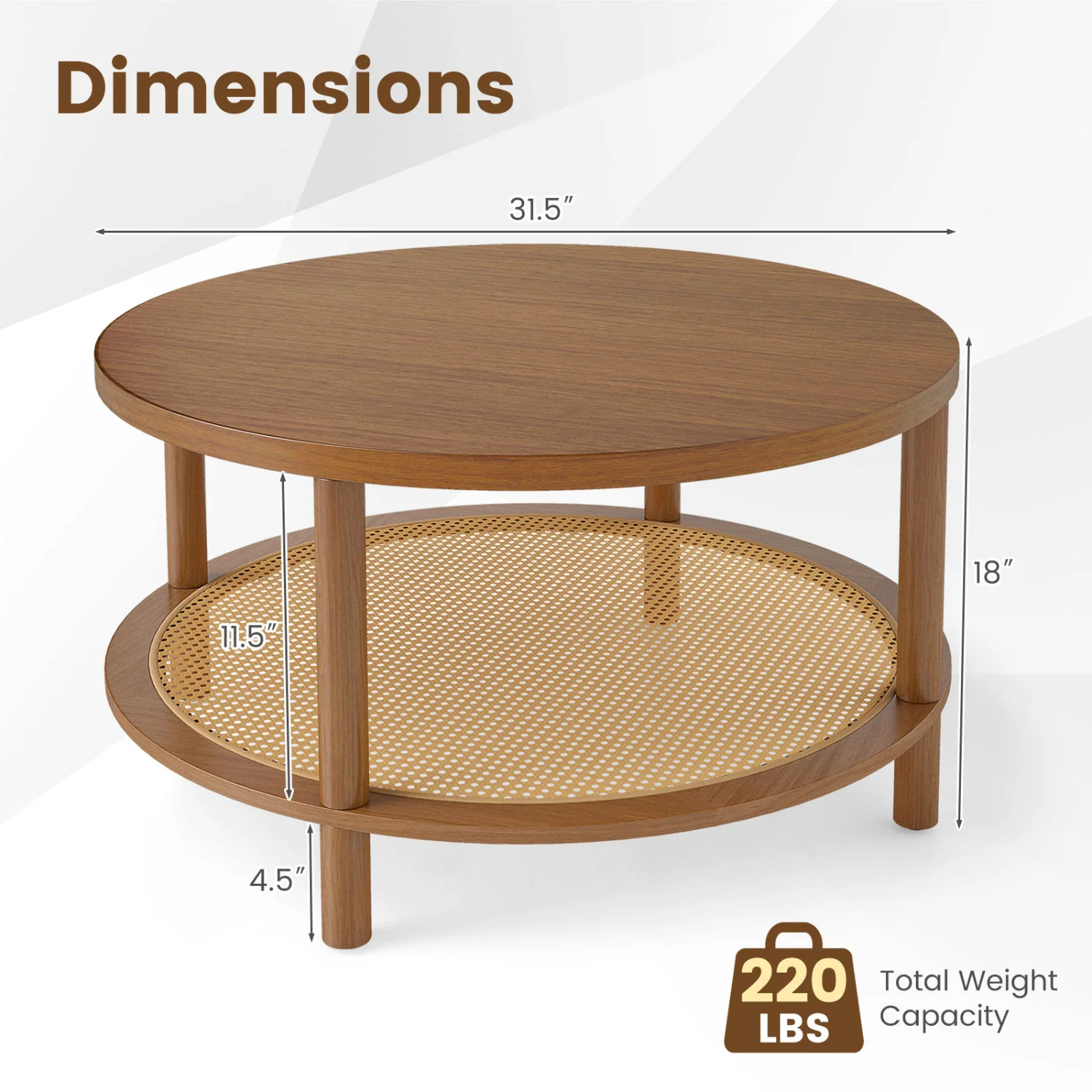 2-Tier Boho Round Rattan Coffee Table with Storage Shelf, Walnut - Image 5