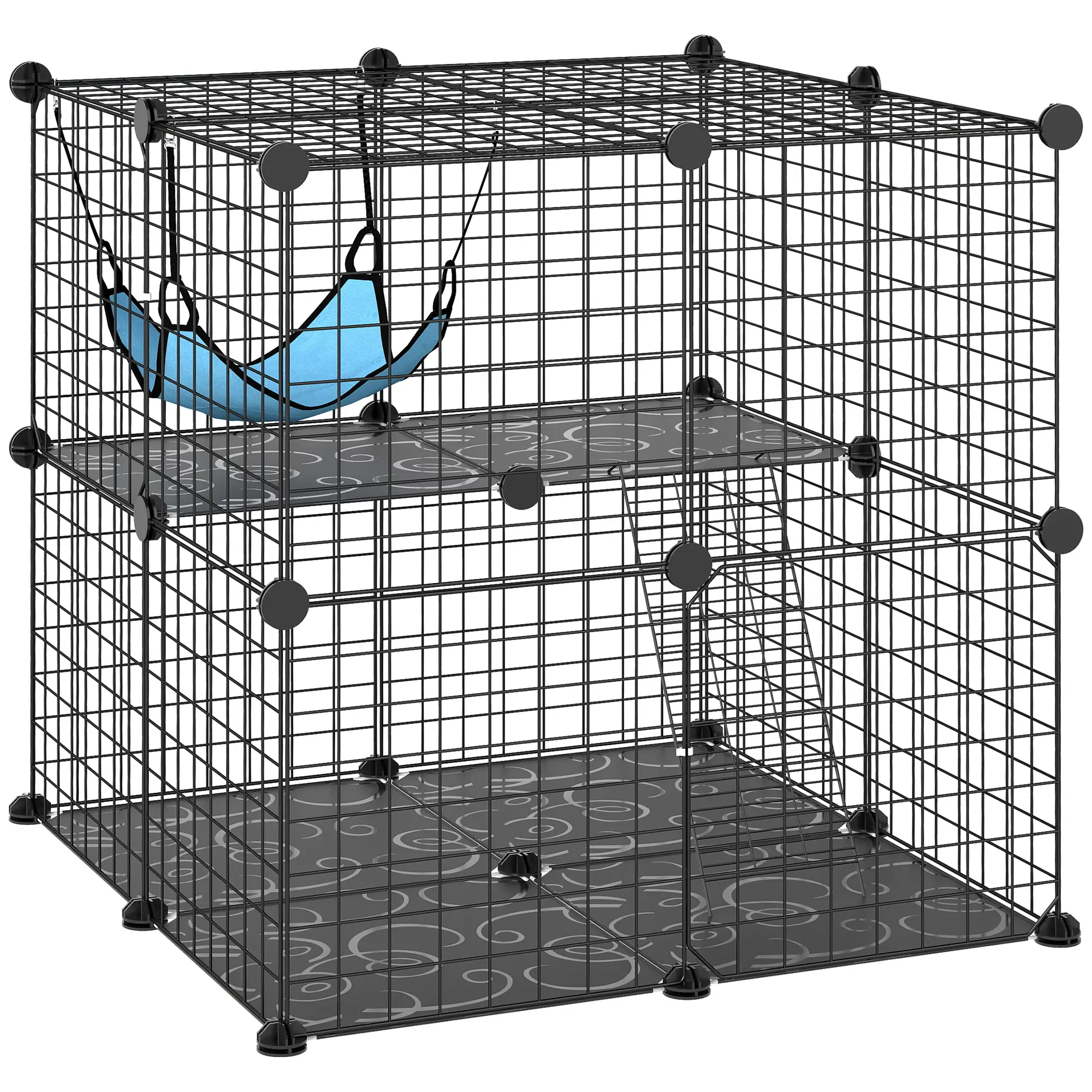 2 Tier Cat Cage, DIY Pet Playpen With 2 Doors, Ladder, Hammock, Perch, Black - Image 11