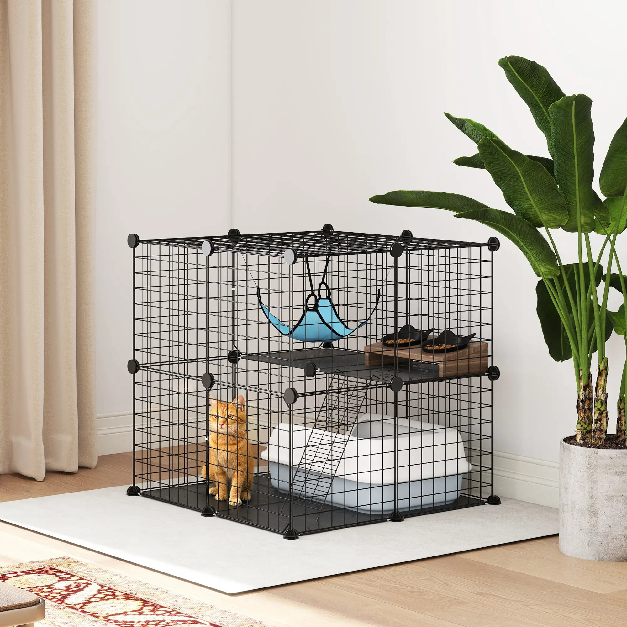 2 Tier Cat Cage, DIY Pet Playpen With 2 Doors, Ladder, Hammock, Perch, Black - Image 2