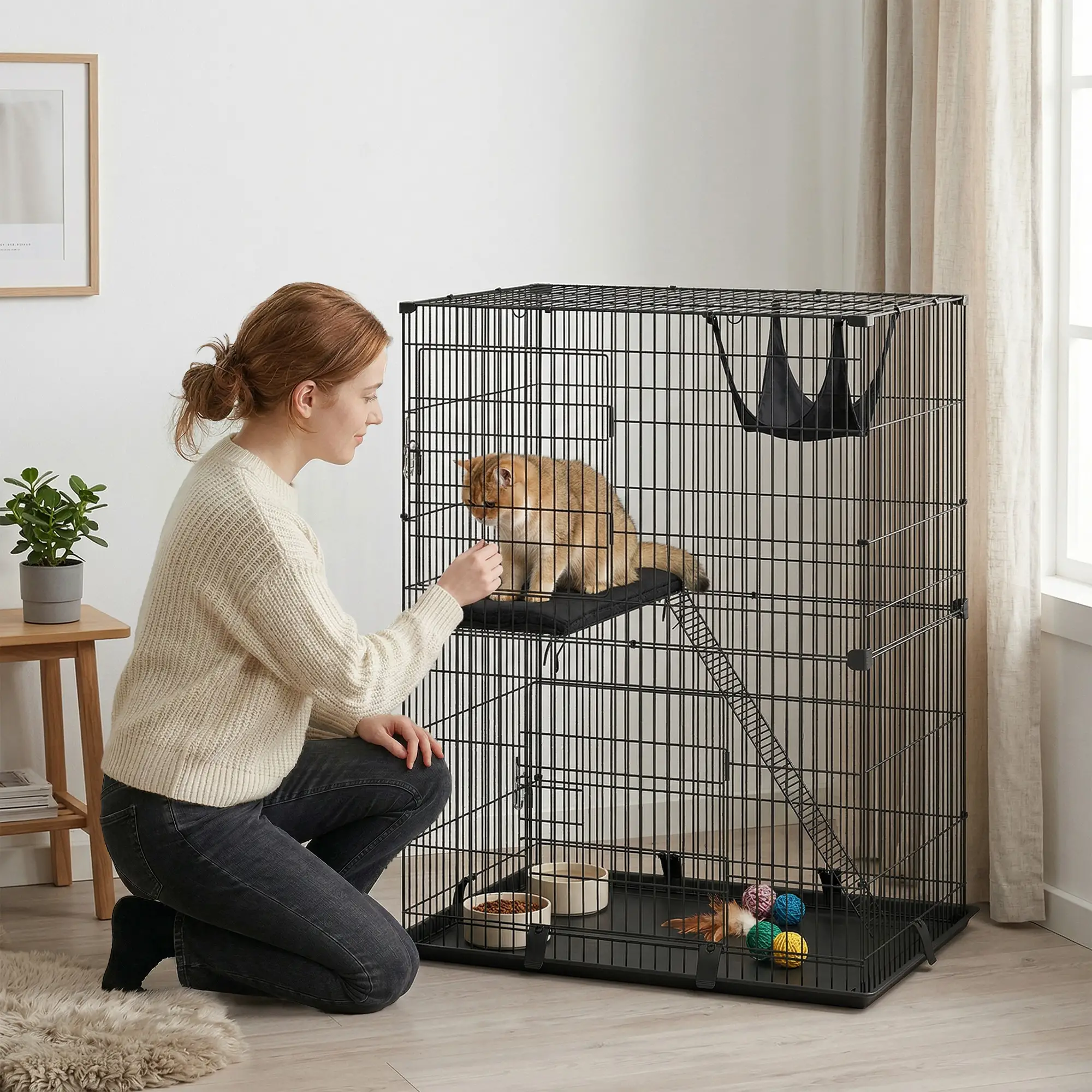 2-Tier Cat Cage Indoor, Detachable Metal Wire Kennel with Hammock, Platform, Tray and Cushion for 1-2 Kittens - Image 2