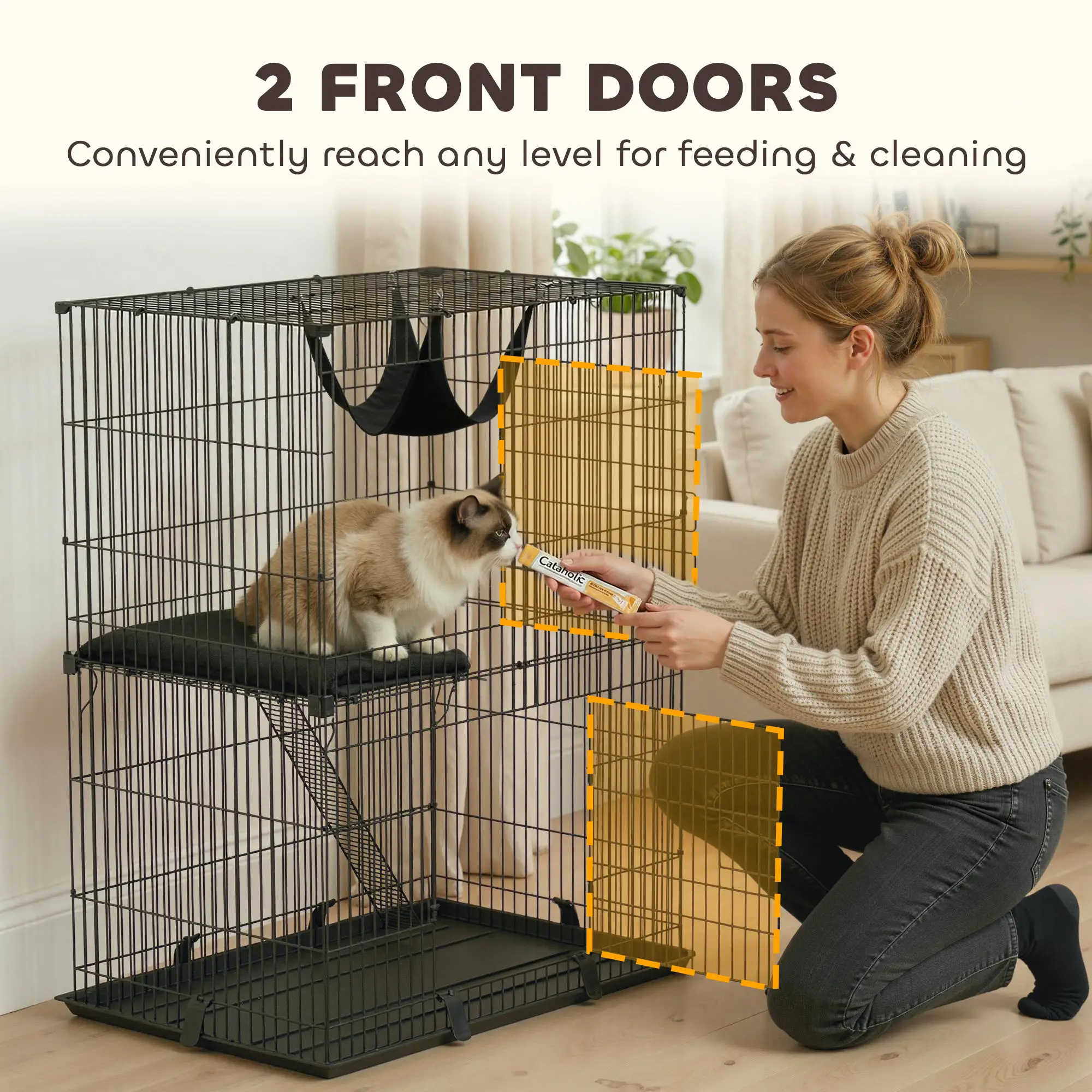 2-Tier Cat Cage Indoor, Detachable Metal Wire Kennel with Hammock, Platform, Tray and Cushion for 1-2 Kittens - Image 6