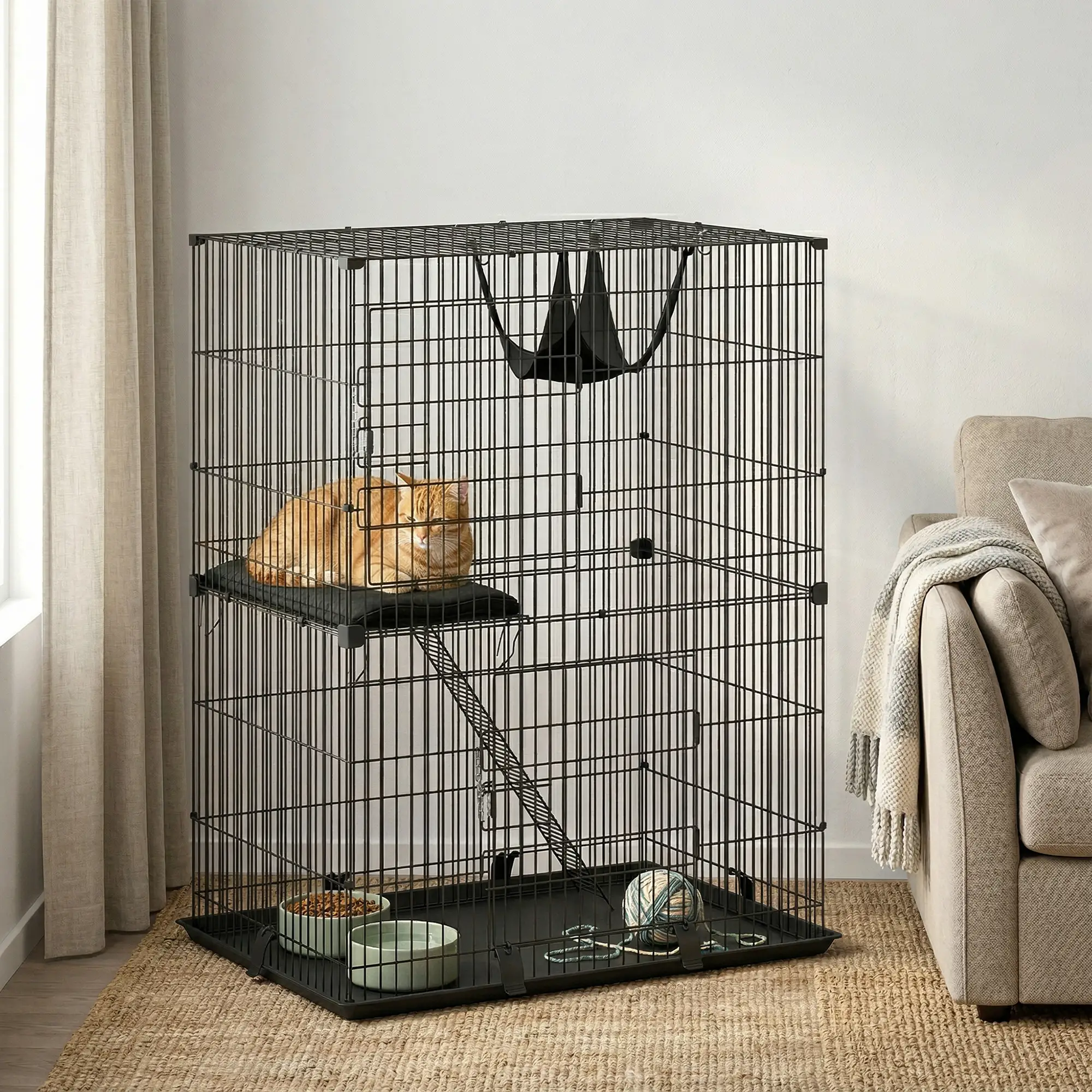 2-Tier Cat Cage Indoor, Detachable Metal Wire Kennel with Hammock, Platform, Tray and Cushion for 1-2 Kittens - Image 8