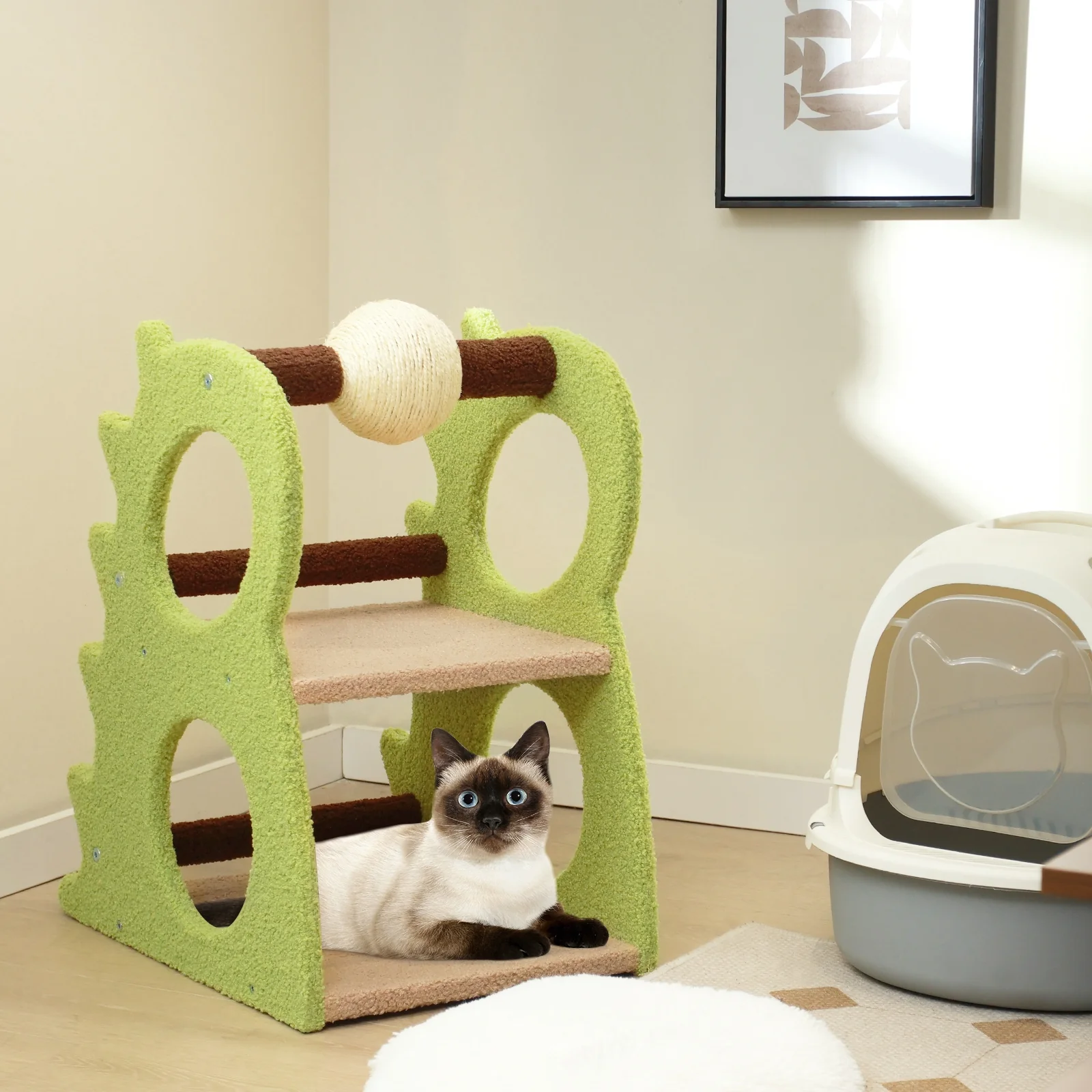 2-Tier Cat Tree, Rotatable Sisal Scratching Ball, Green - Image 3