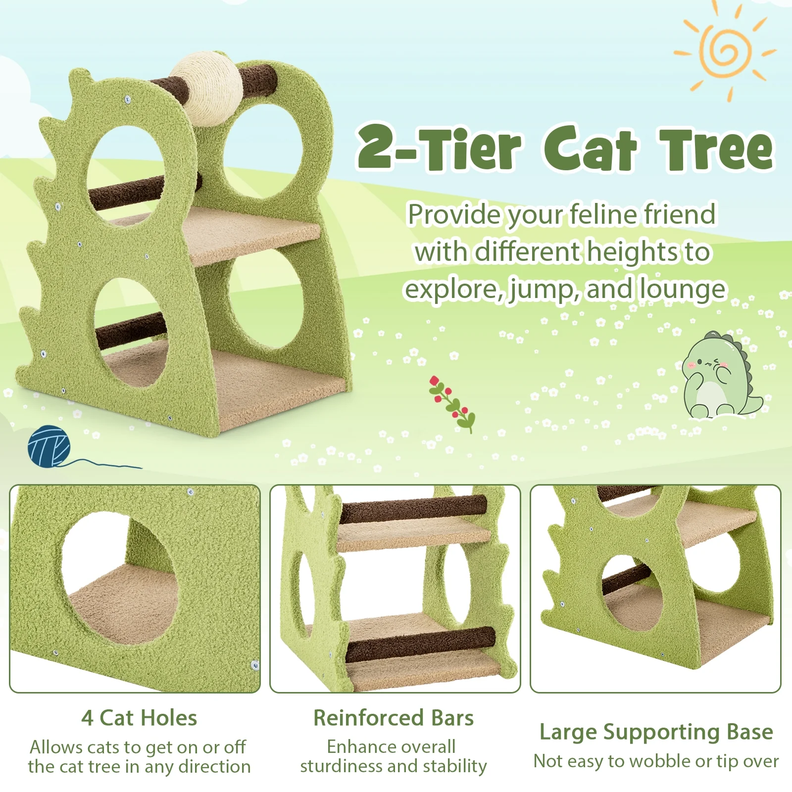2-Tier Cat Tree, Rotatable Sisal Scratching Ball, Green - Image 7