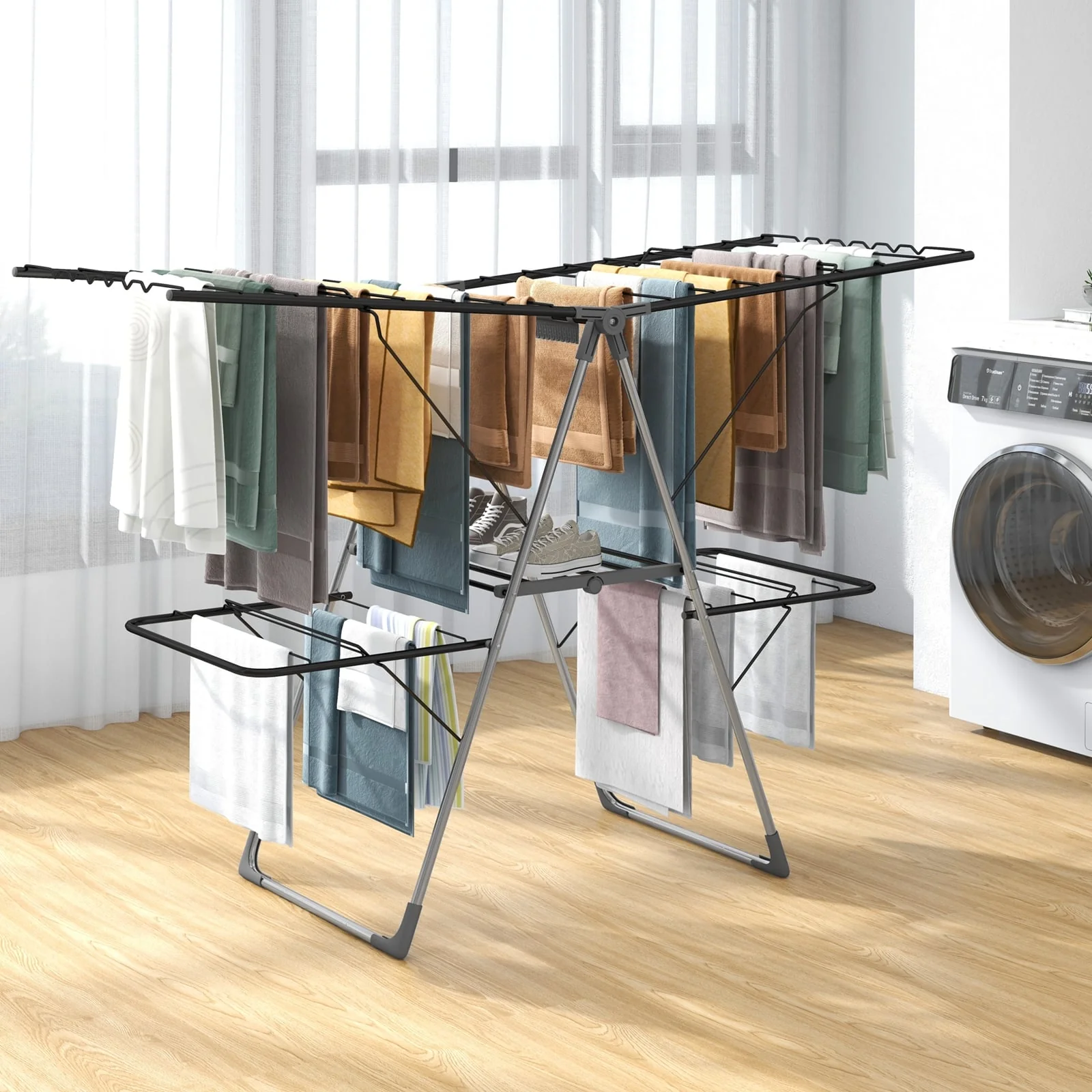 2-Tier Clothes Drying Rack, 33 Rails, Height Adjustable Gullwings, Silver - Image 2