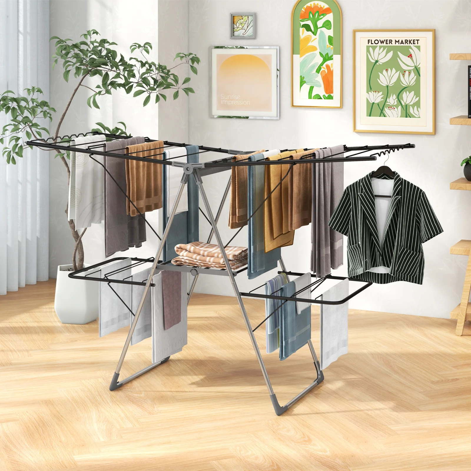 2-Tier Clothes Drying Rack, 33 Rails, Height Adjustable Gullwings, Silver - Image 3