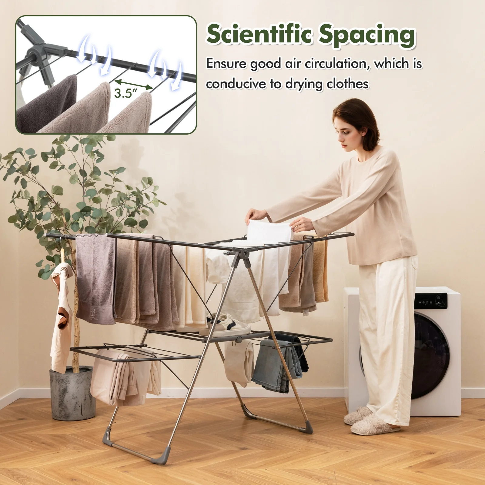2-Tier Clothes Drying Rack, 33 Rails, Height Adjustable Gullwings, Silver - Image 8