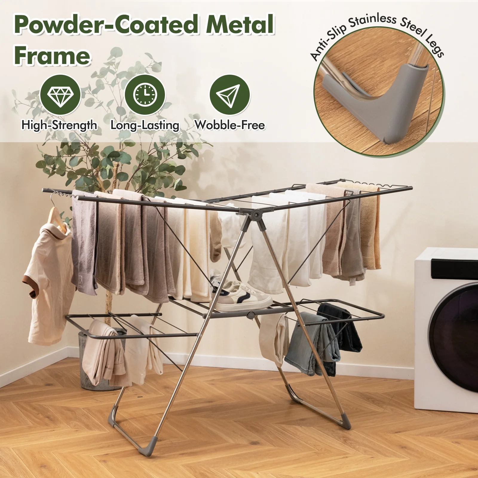 2-Tier Clothes Drying Rack, 33 Rails, Height Adjustable Gullwings, Silver - Image 9