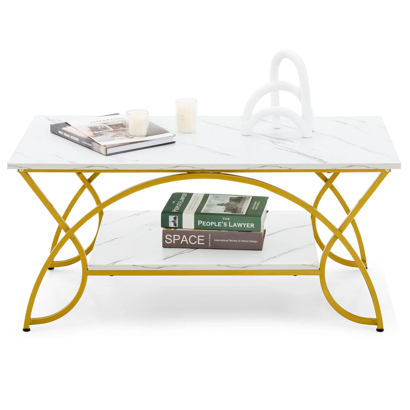 2-Tier Coffee Table, Rectangle, Gold, White - Image 5