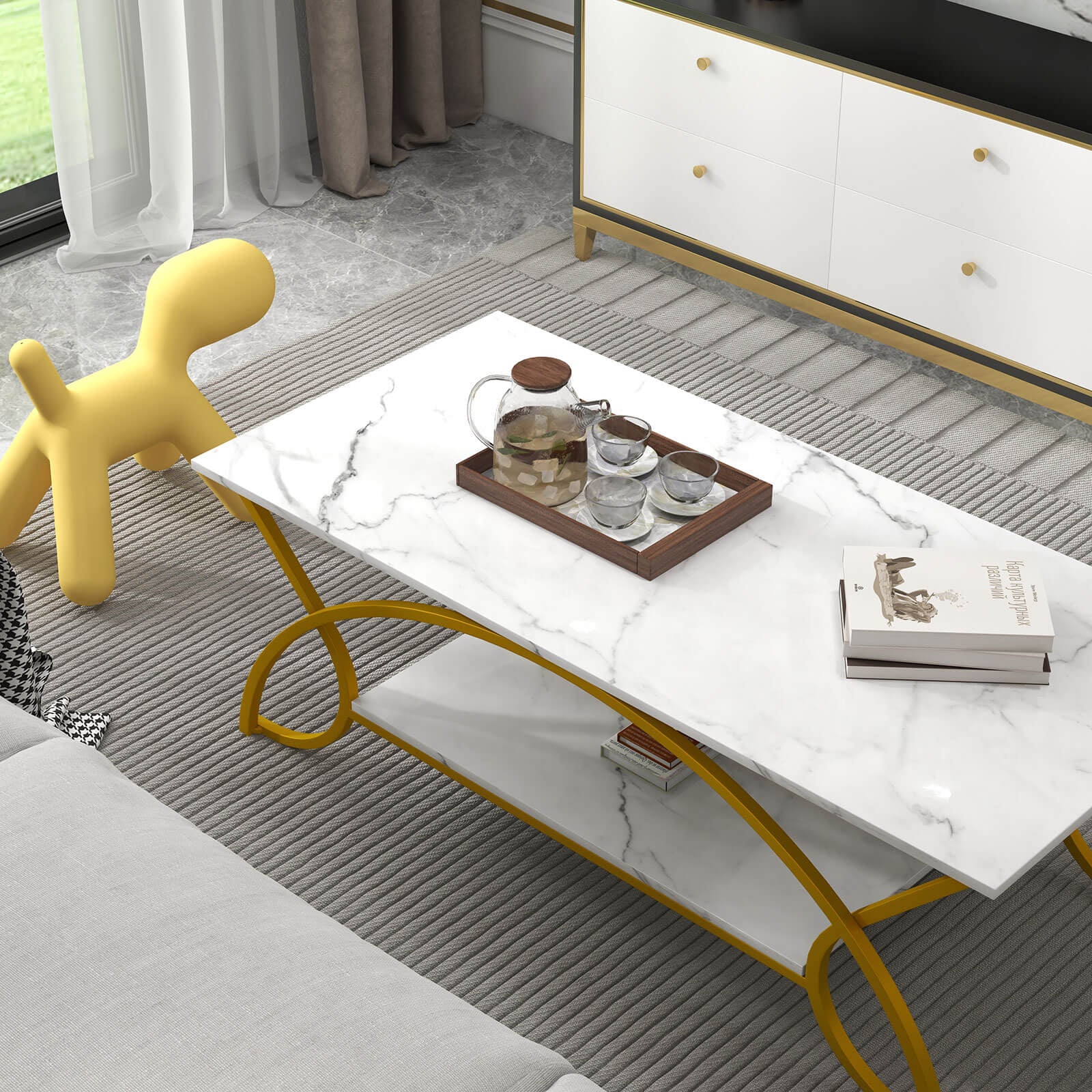 2-Tier Coffee Table, Rectangle, Gold, White - Image 7