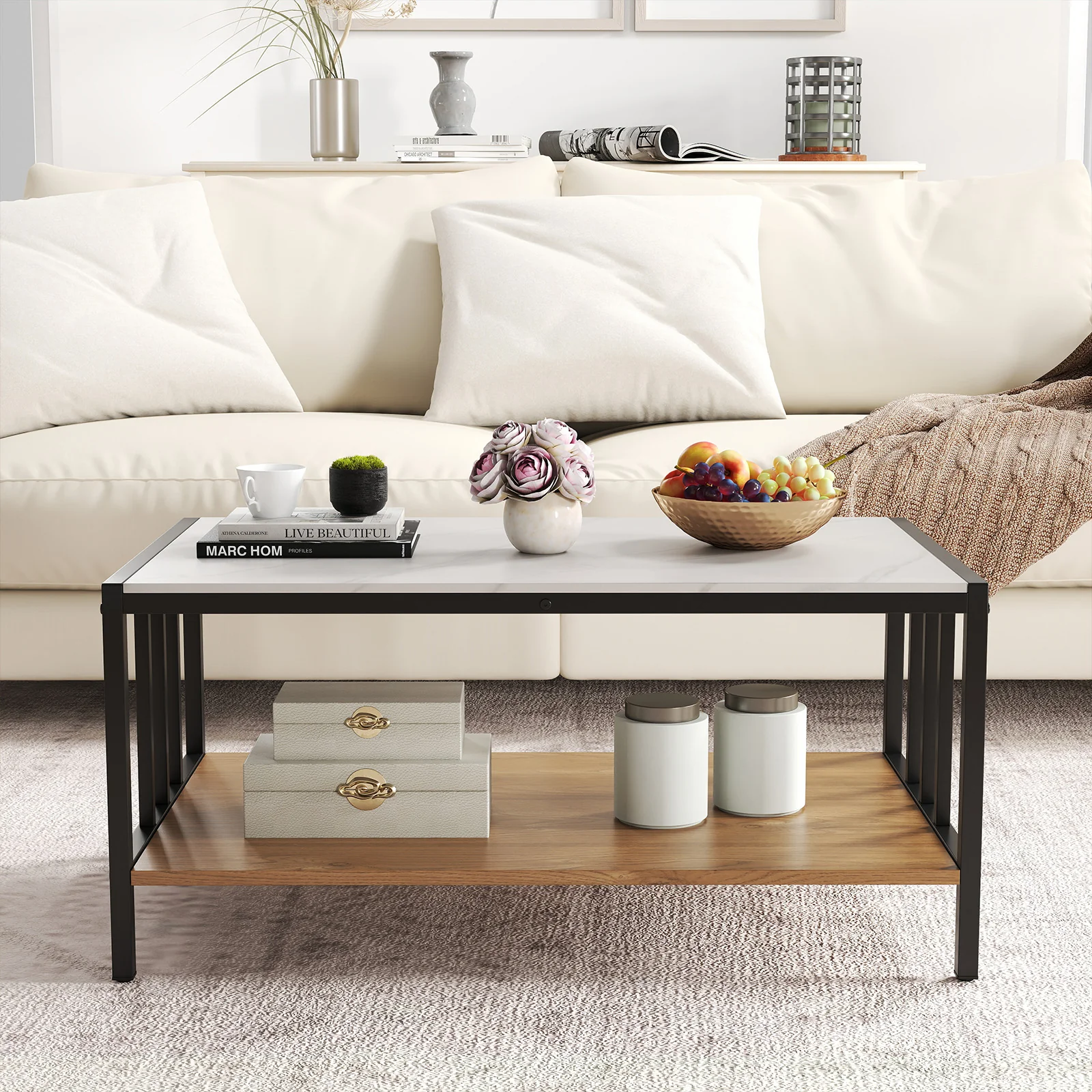 2 Tier Coffee Table, Sintered Stone Tabletop, White - Image 3