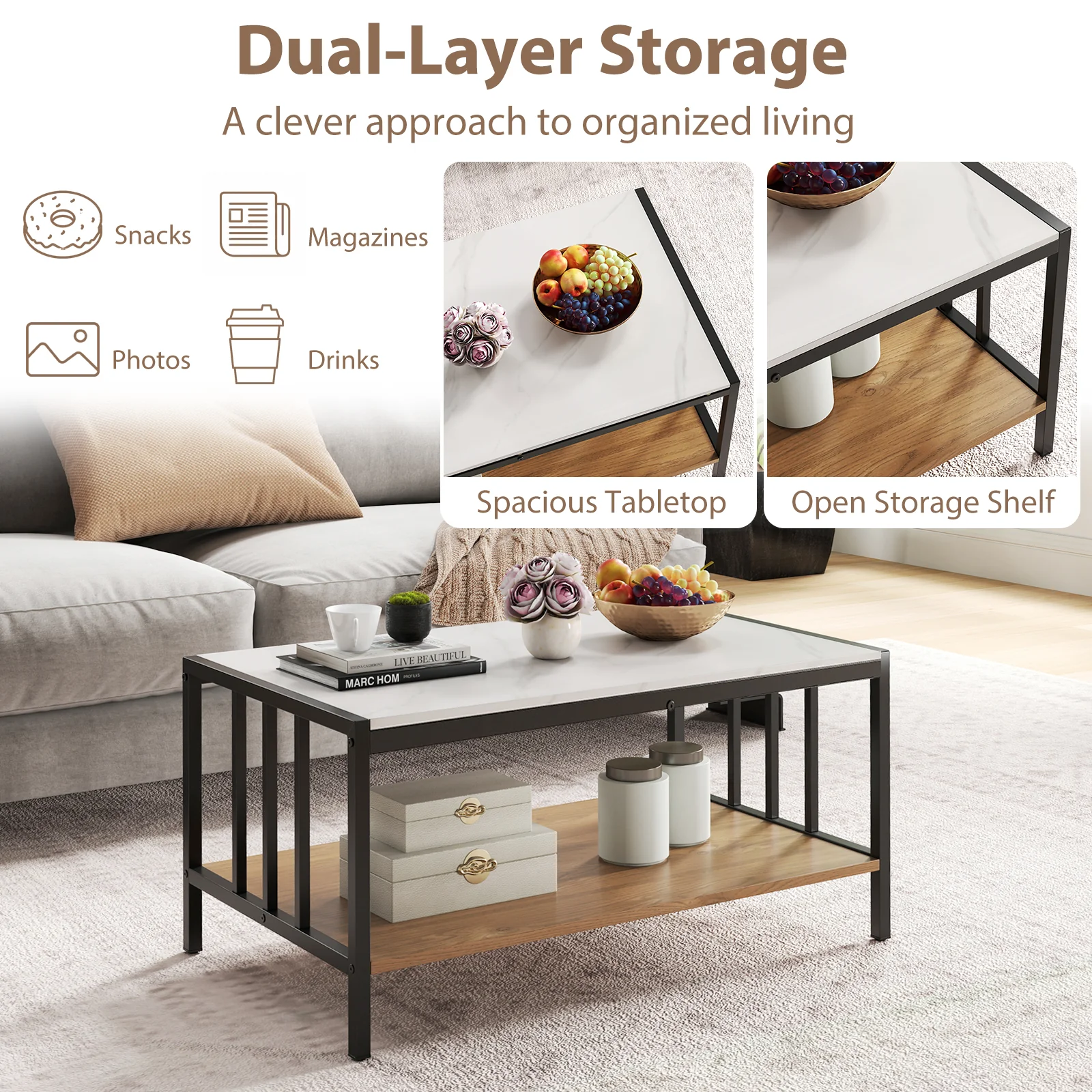 2 Tier Coffee Table, Sintered Stone Tabletop, White - Image 8