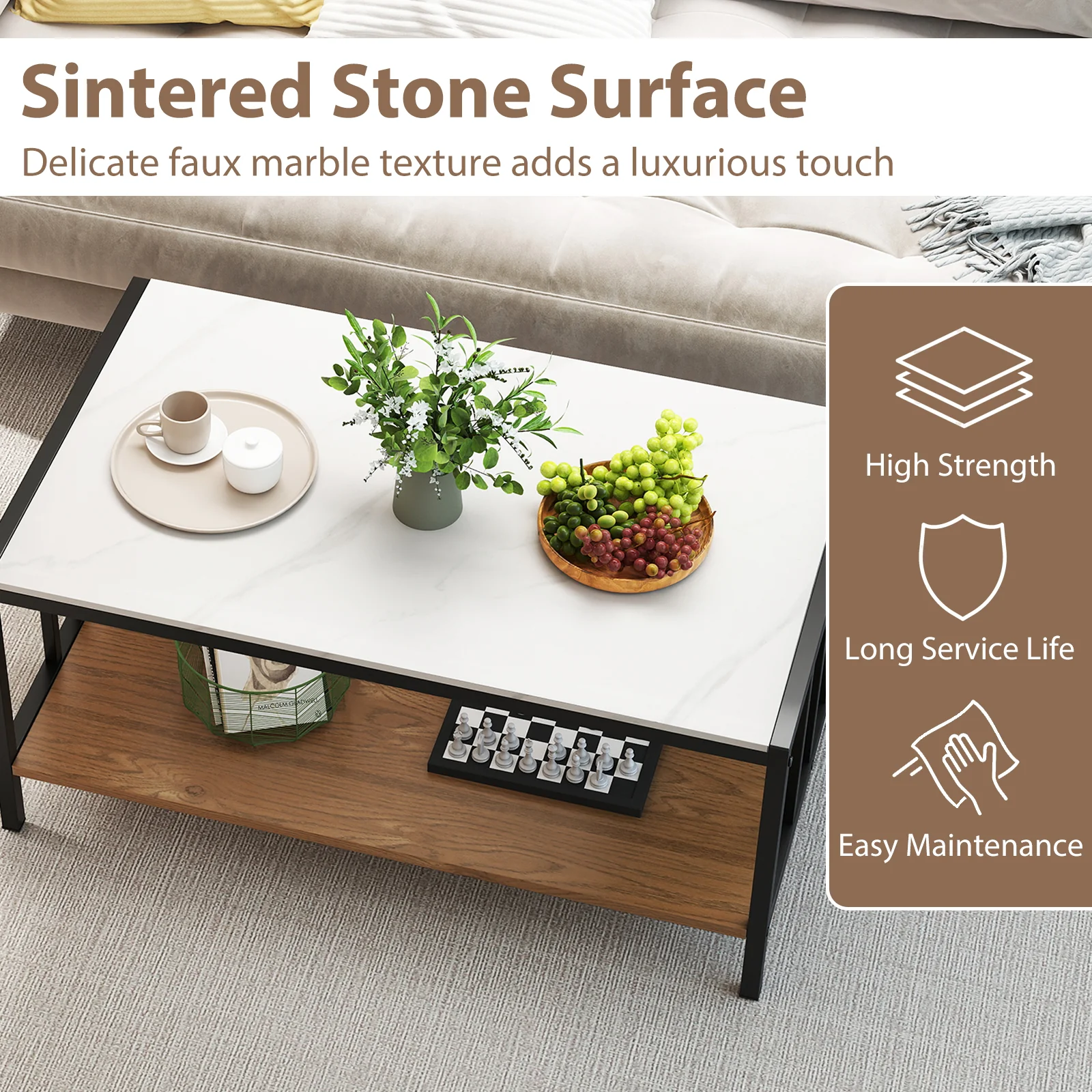 2 Tier Coffee Table, Sintered Stone Tabletop, White - Image 9