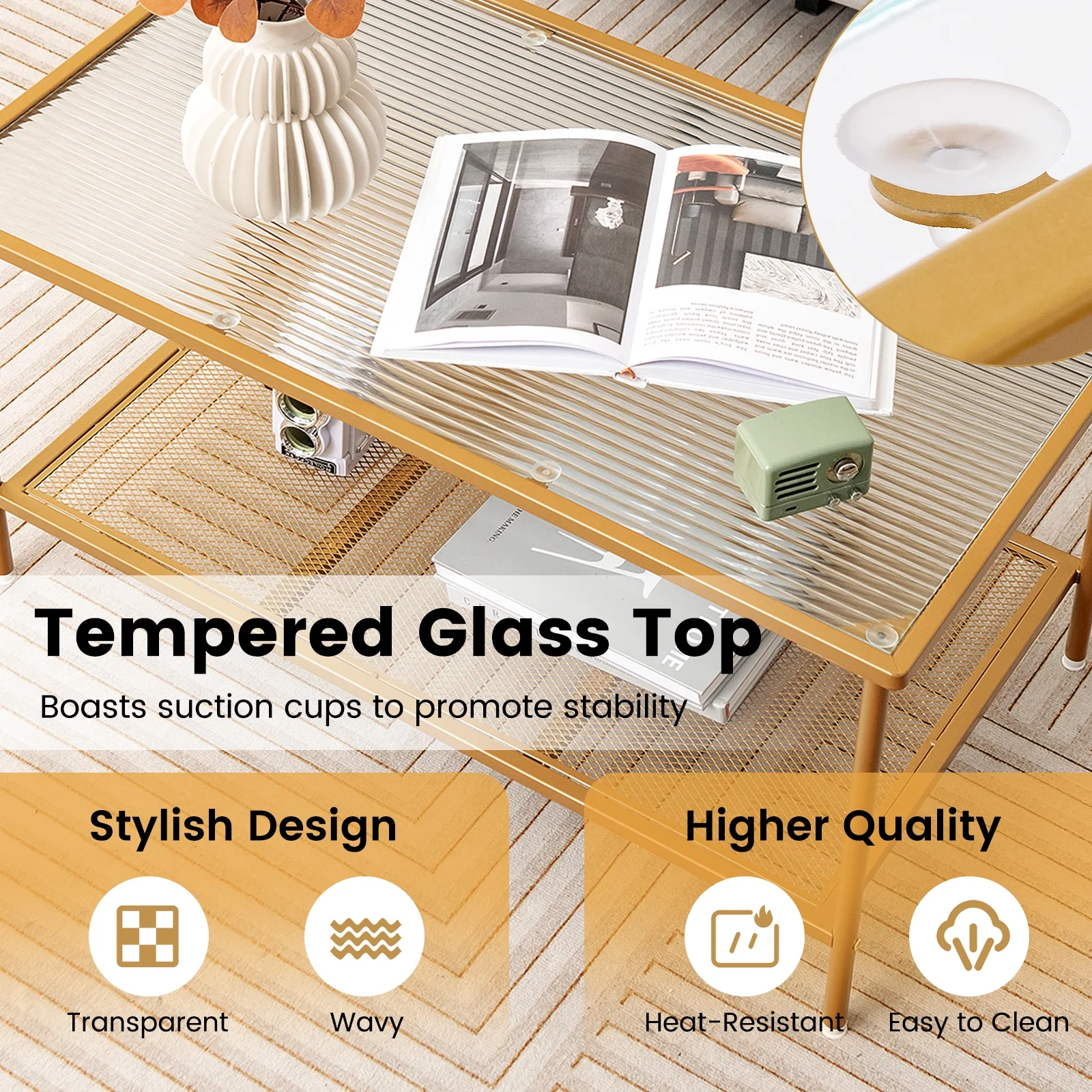 2-Tier Coffee Table, Tempered Glass Top, Golden - Image 10