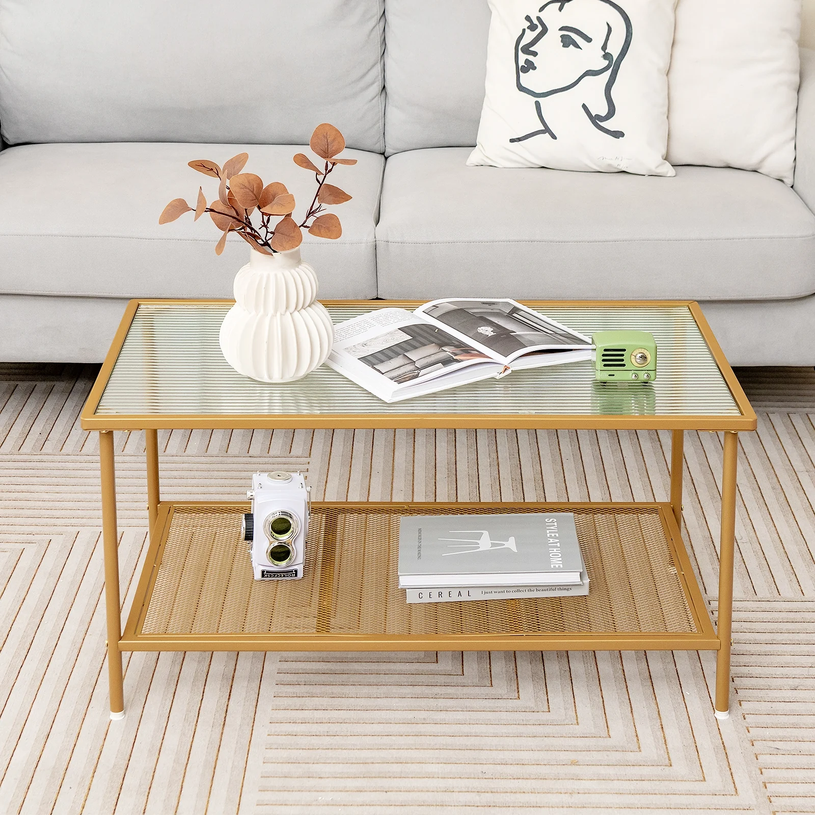 2-Tier Coffee Table, Tempered Glass Top, Golden - Image 2