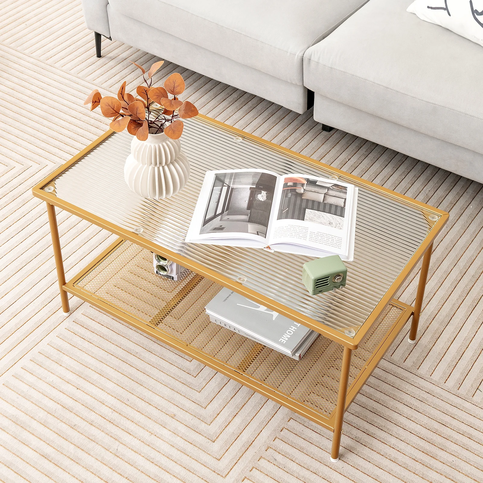 2-Tier Coffee Table, Tempered Glass Top, Golden - Image 3