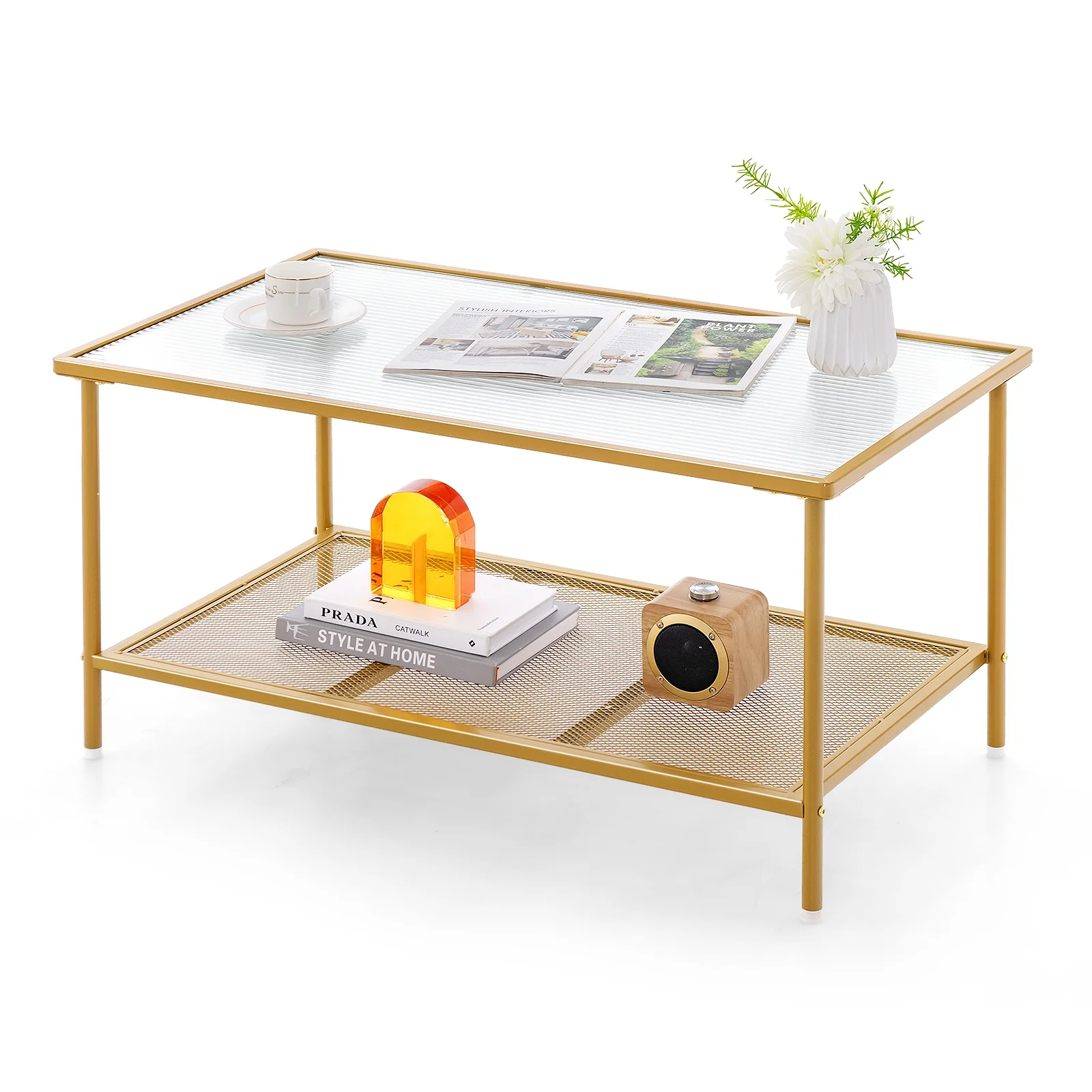 2-Tier Coffee Table, Tempered Glass Top, Golden - Image 5