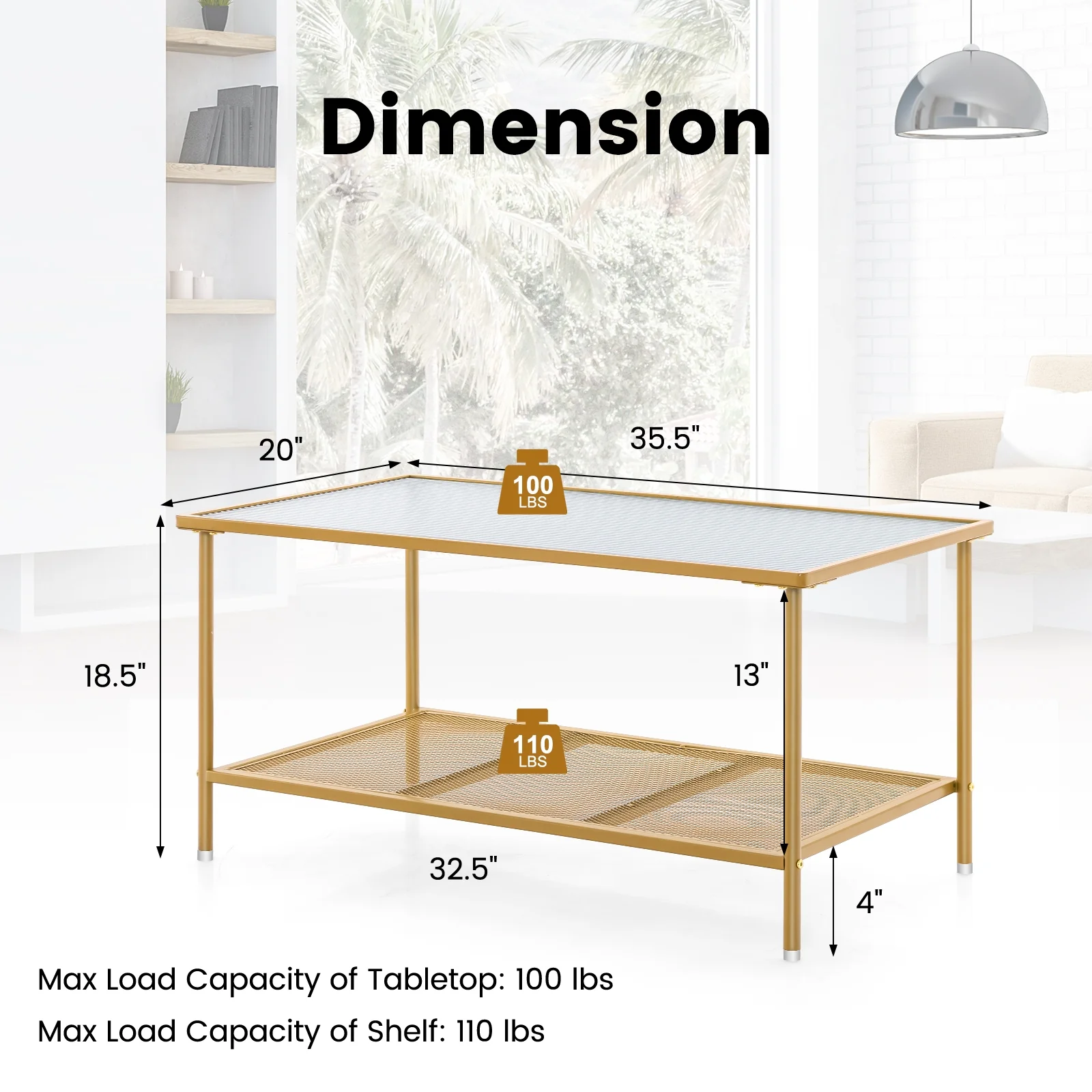 2-Tier Coffee Table, Tempered Glass Top, Golden - Image 6