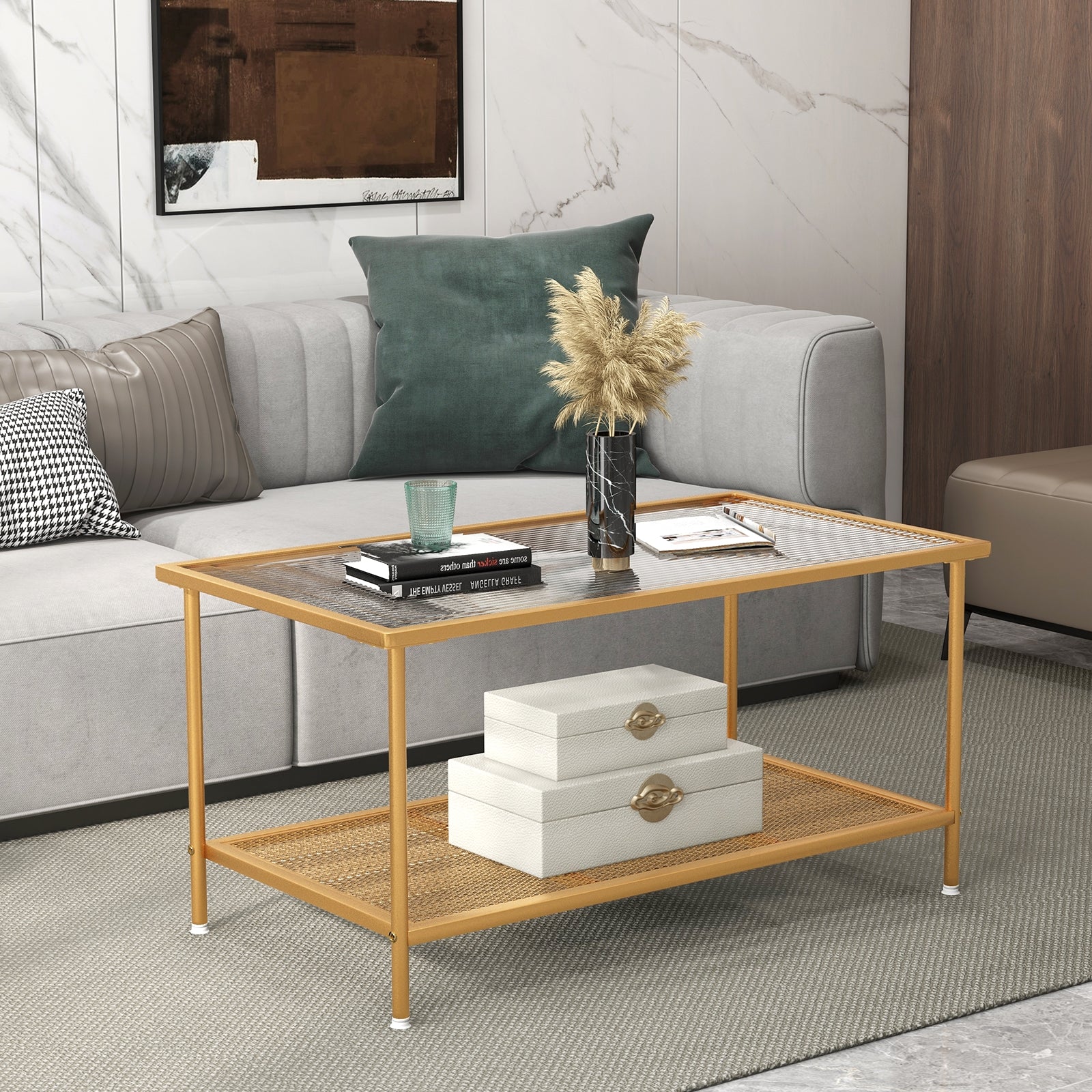 2-Tier Coffee Table, Tempered Glass Top, Golden - Image 7