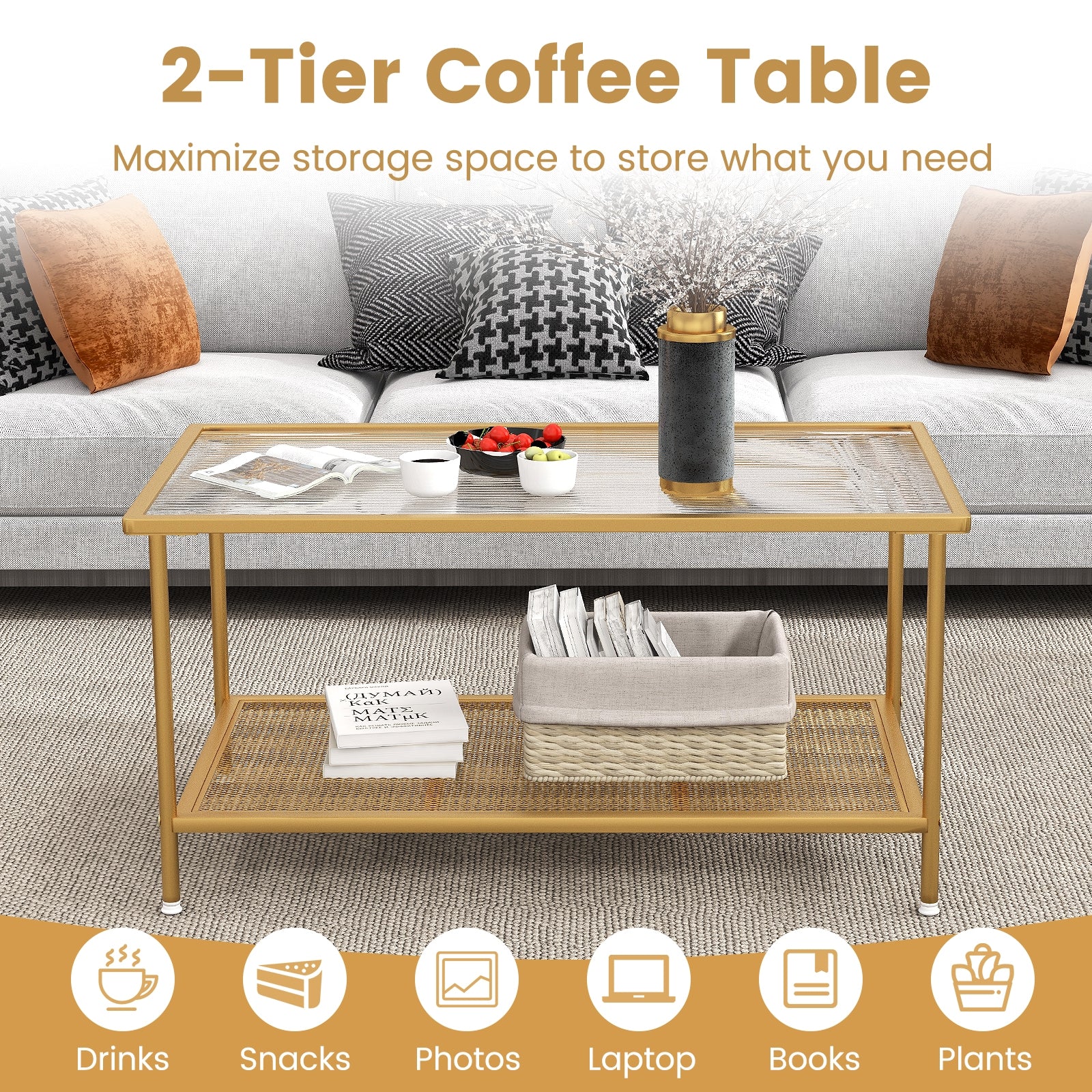 2-Tier Coffee Table, Tempered Glass Top, Golden - Image 8
