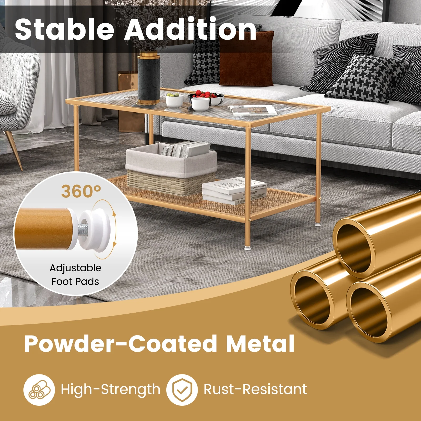 2-Tier Coffee Table, Tempered Glass Top, Golden - Image 9
