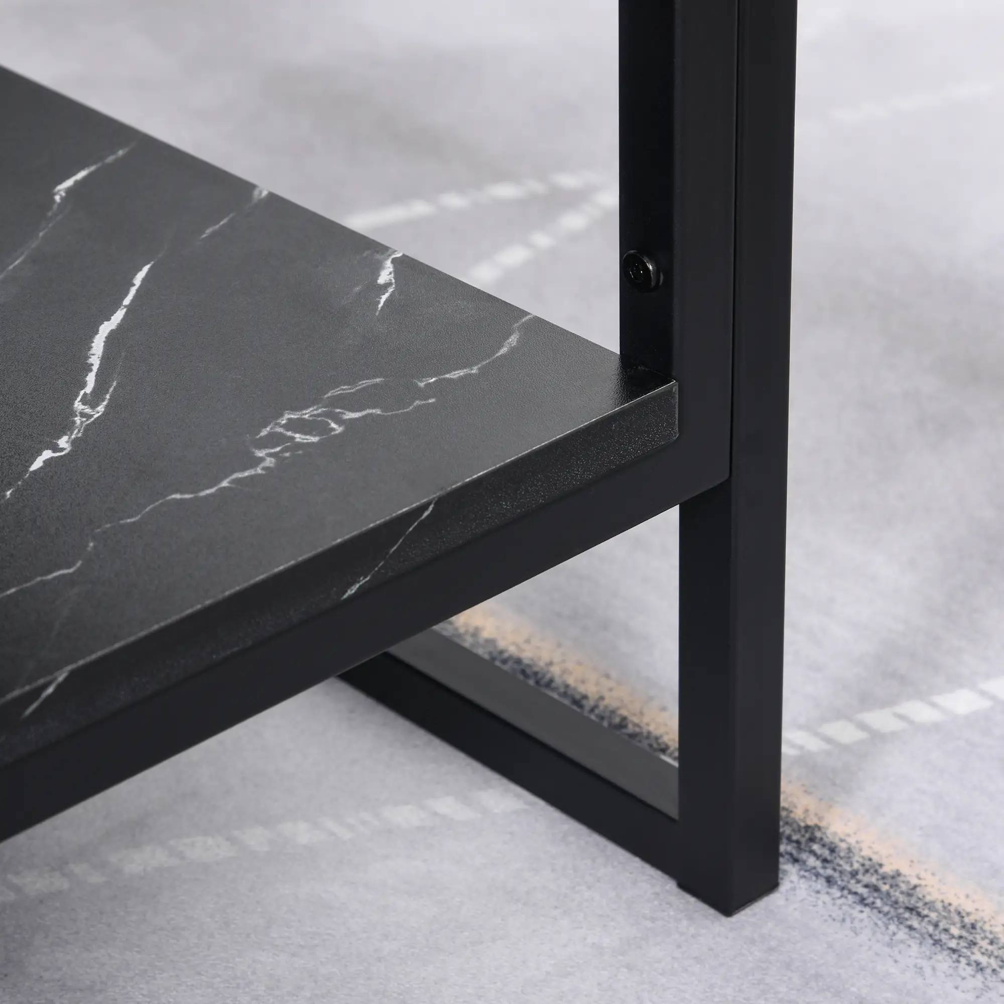 2-Tier Coffee Table with Storage, Marble Textured Top, Black - Image 10