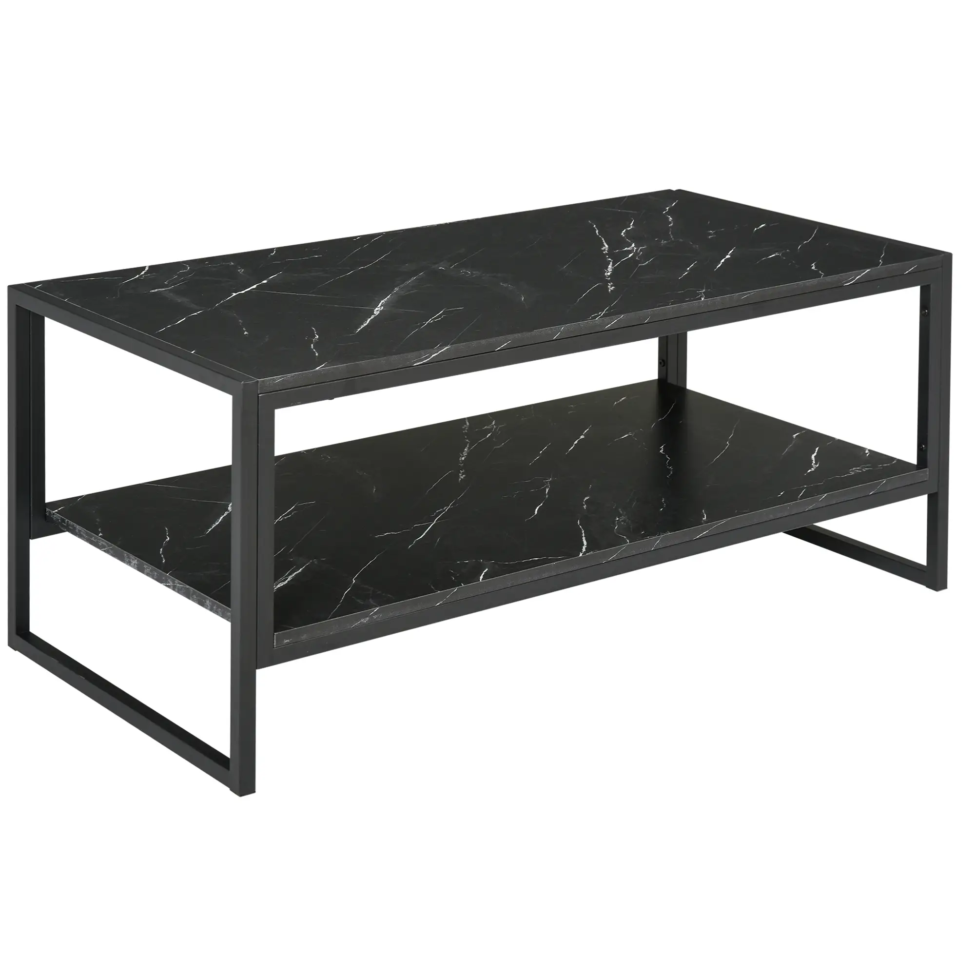 2-Tier Coffee Table with Storage, Marble Textured Top, Black - Image 11