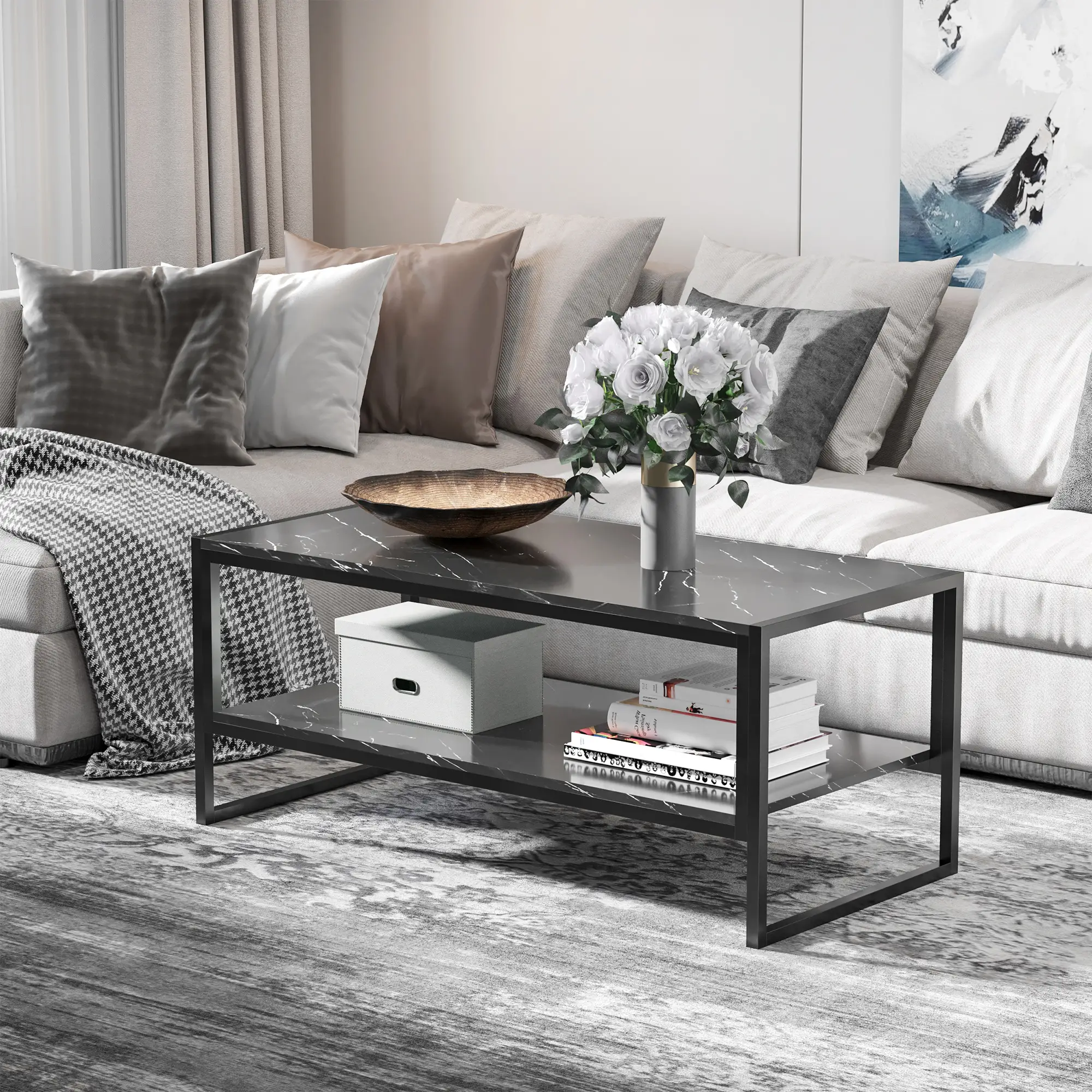 2-Tier Coffee Table with Storage, Marble Textured Top, Black - Image 2