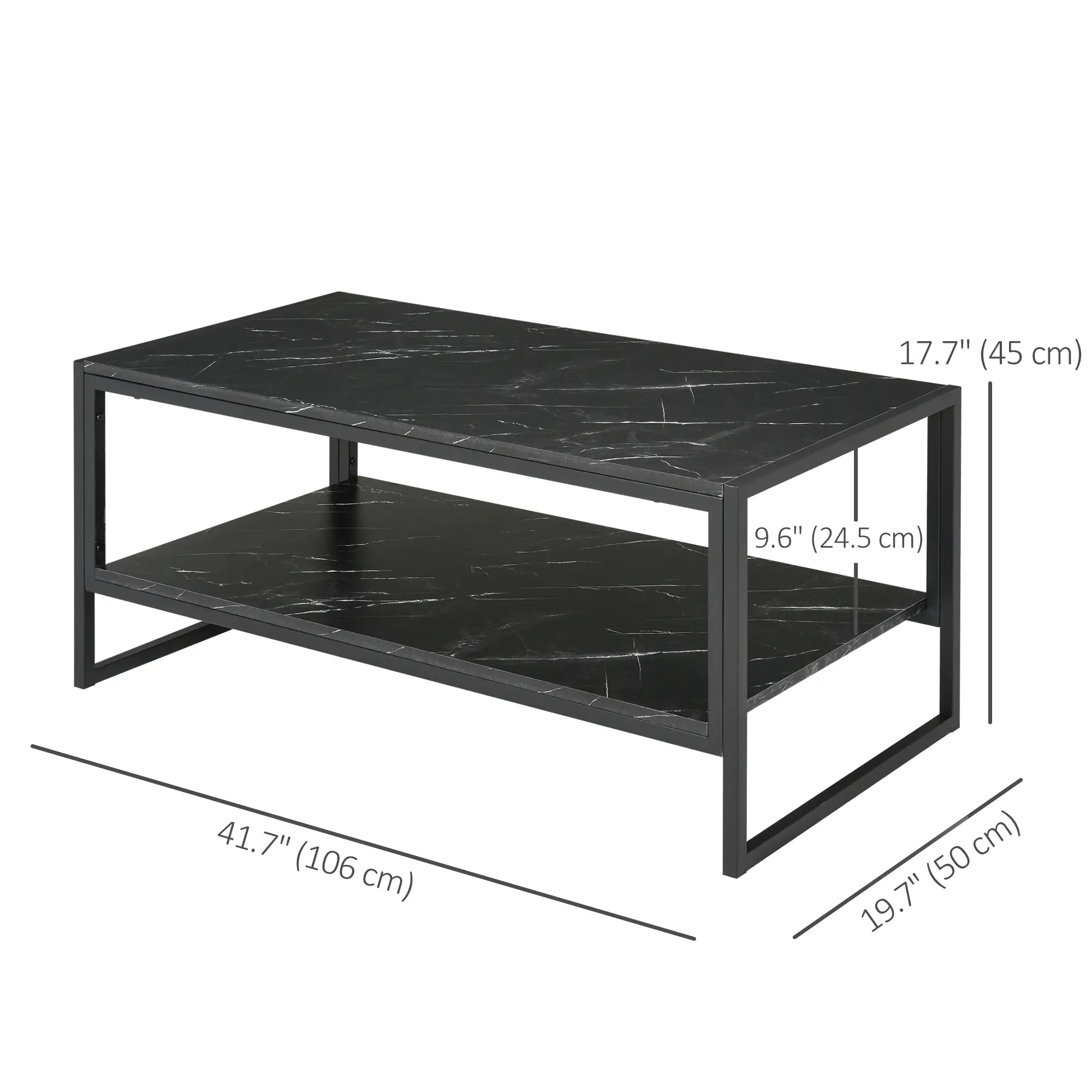 2-Tier Coffee Table with Storage, Marble Textured Top, Black - Image 3
