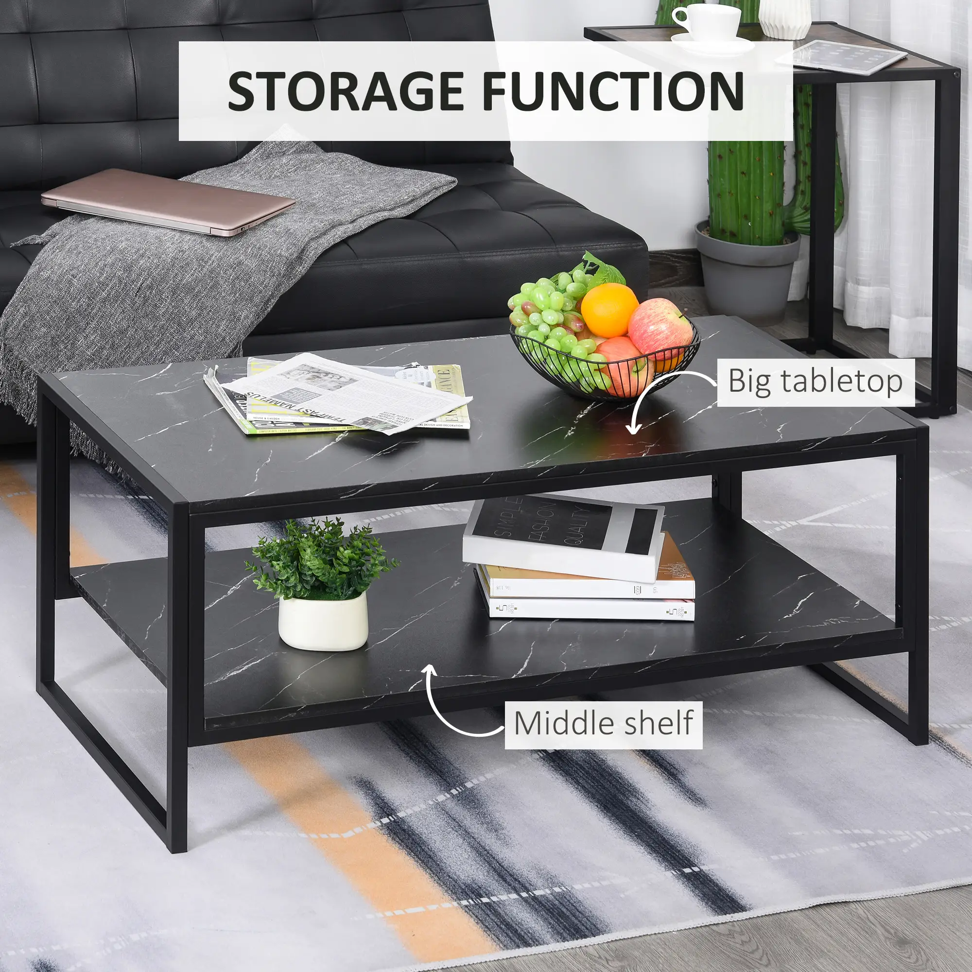 2-Tier Coffee Table with Storage, Marble Textured Top, Black - Image 4