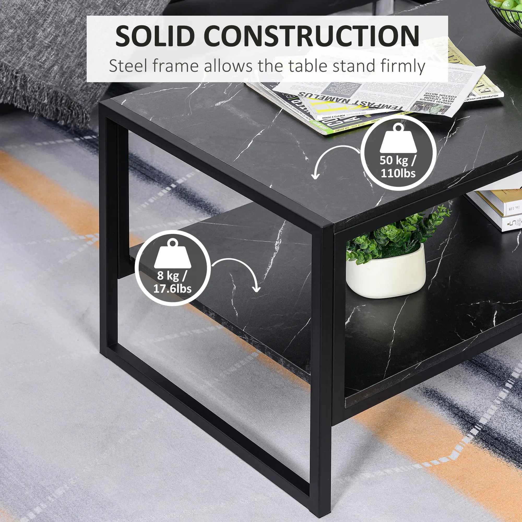 2-Tier Coffee Table with Storage, Marble Textured Top, Black - Image 5