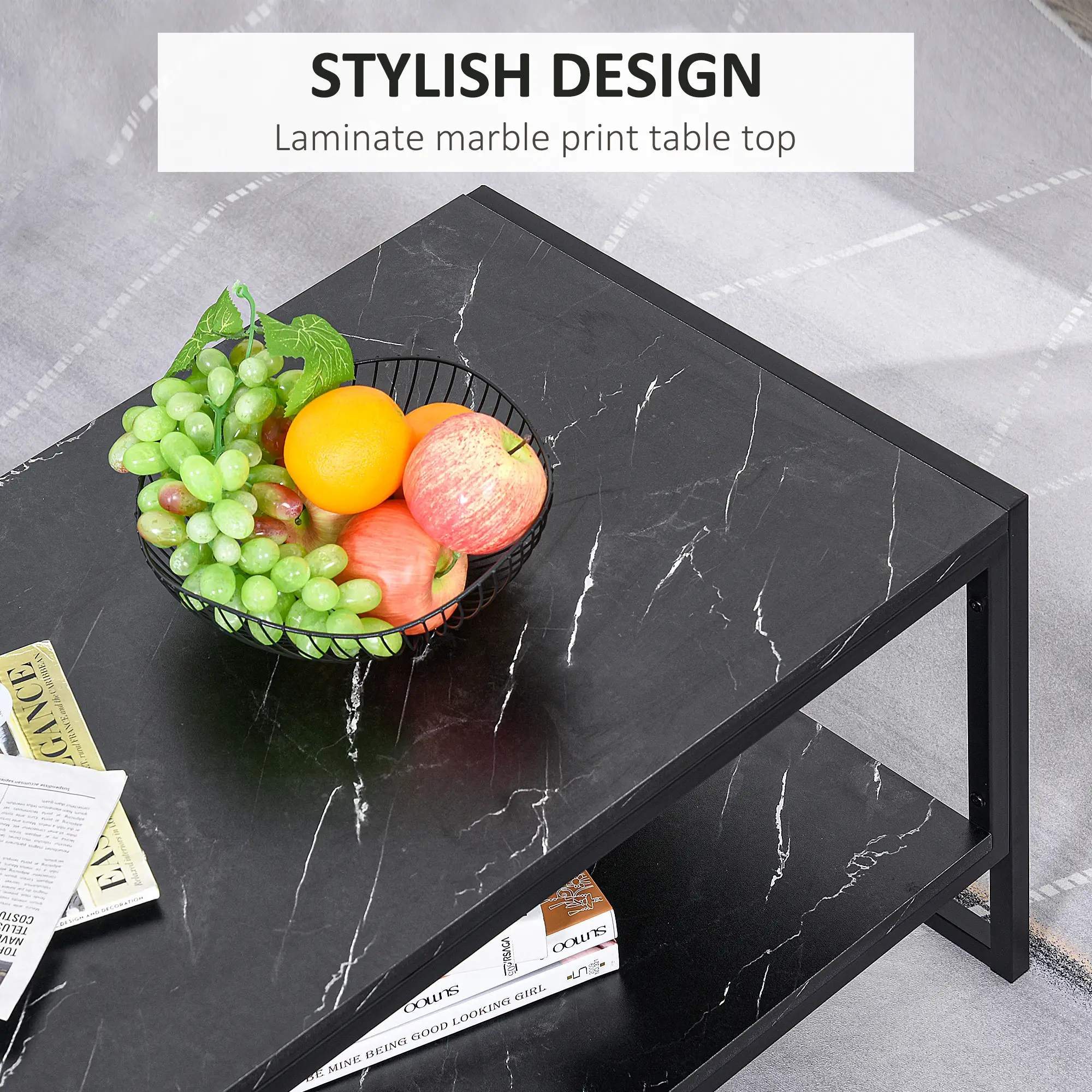 2-Tier Coffee Table with Storage, Marble Textured Top, Black - Image 6