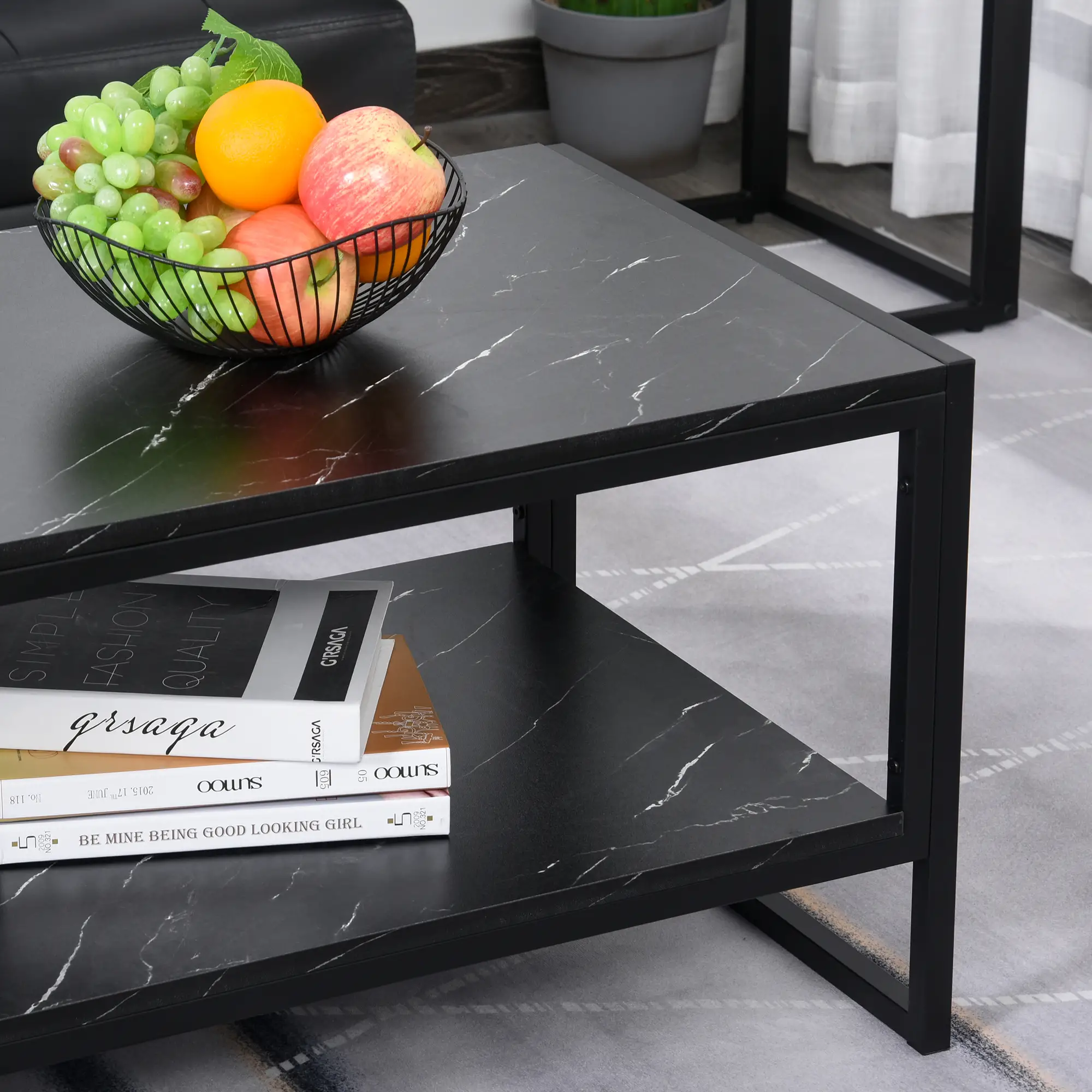 2-Tier Coffee Table with Storage, Marble Textured Top, Black - Image 7