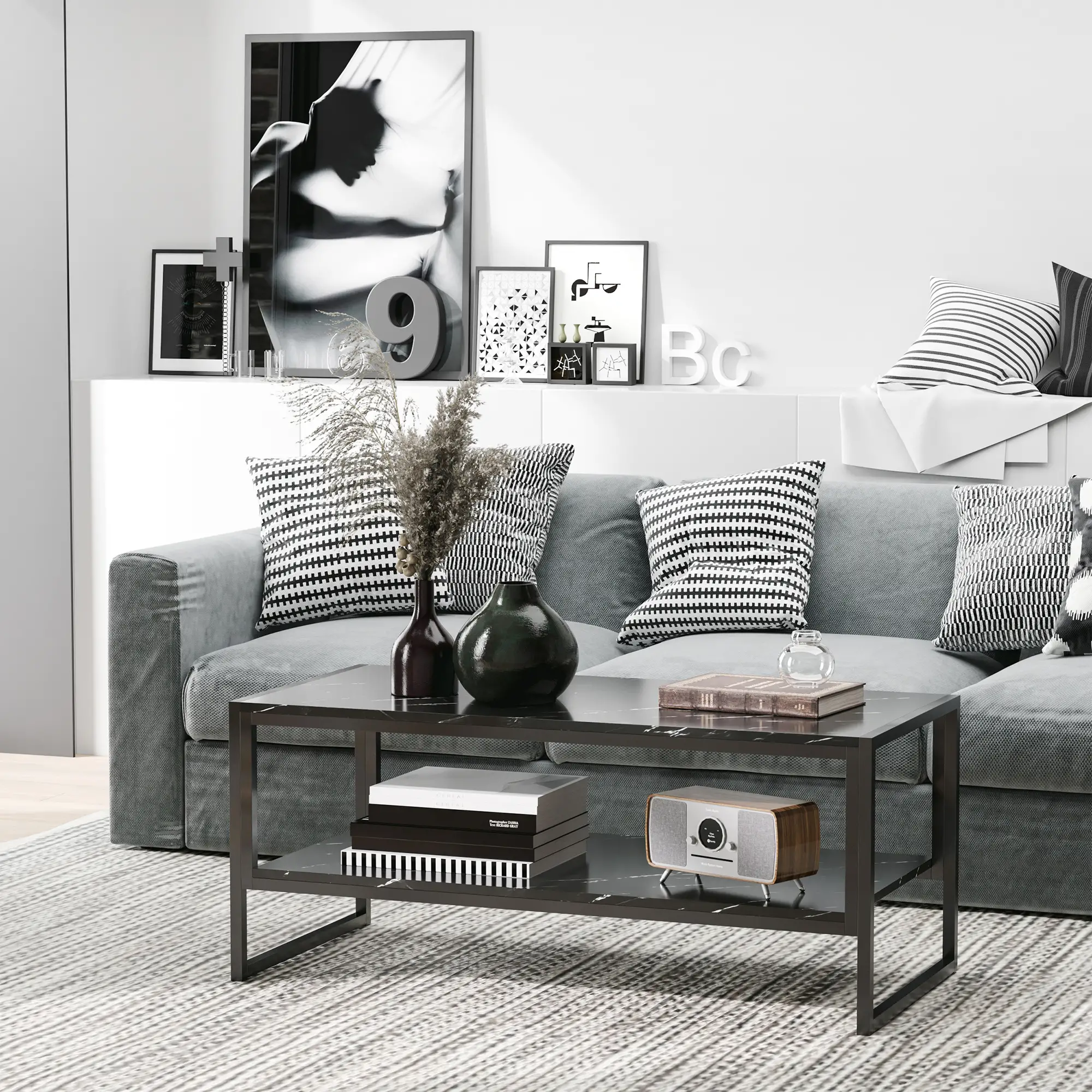 2-Tier Coffee Table with Storage, Marble Textured Top, Black - Image 8