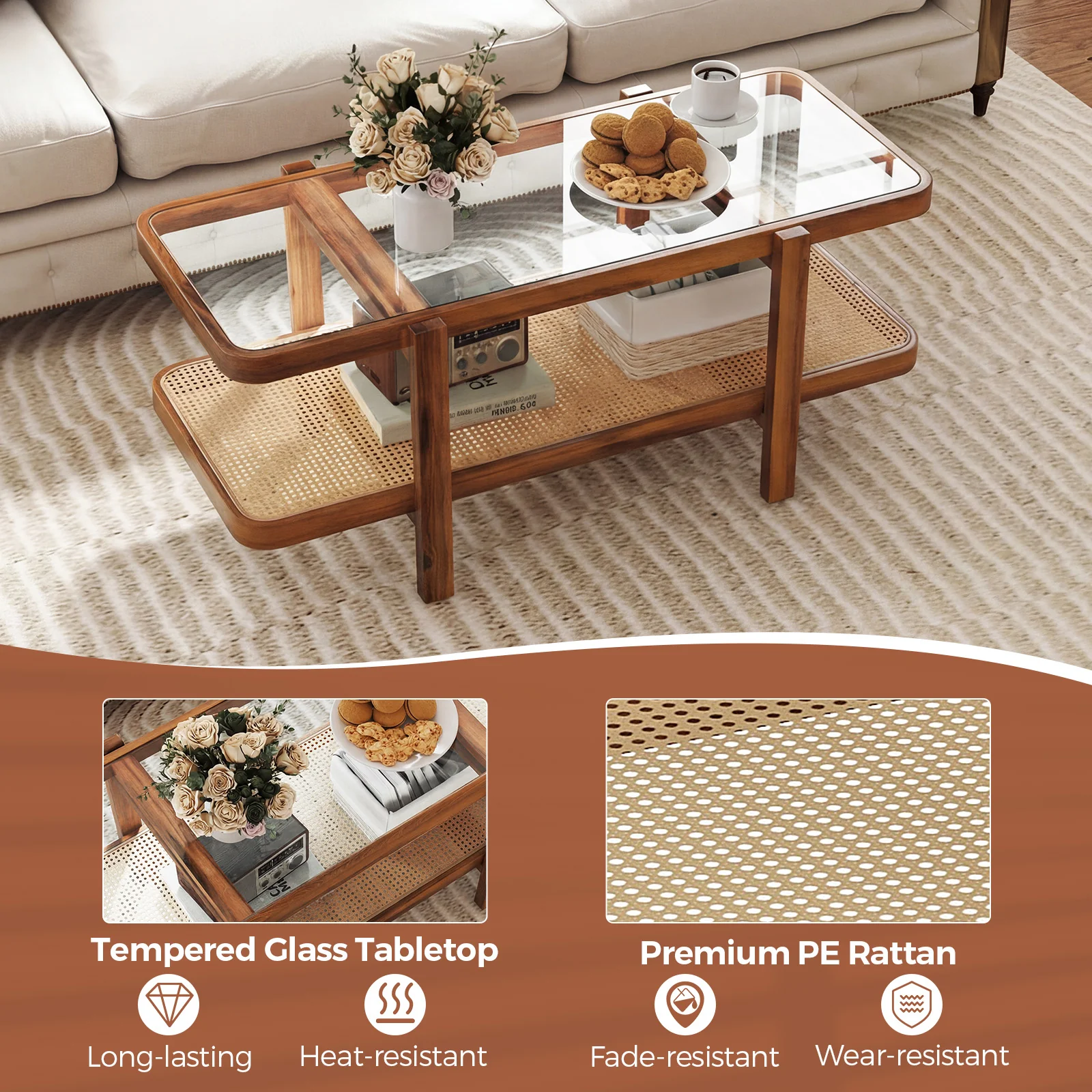 2-Tier Coffee Table With Storage, Tempered Glass Tabletop - Image 10