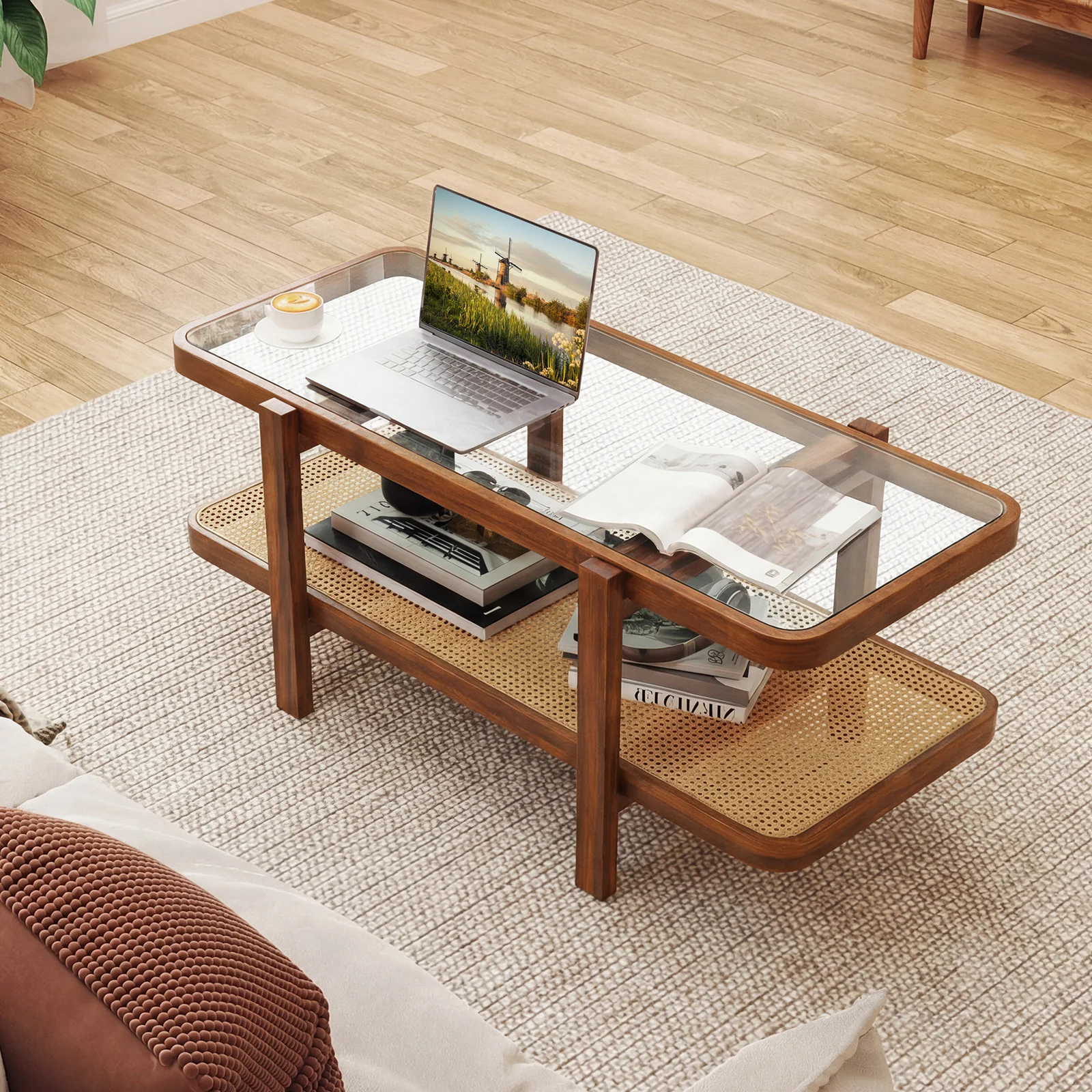 2-Tier Coffee Table With Storage, Tempered Glass Tabletop - Image 7