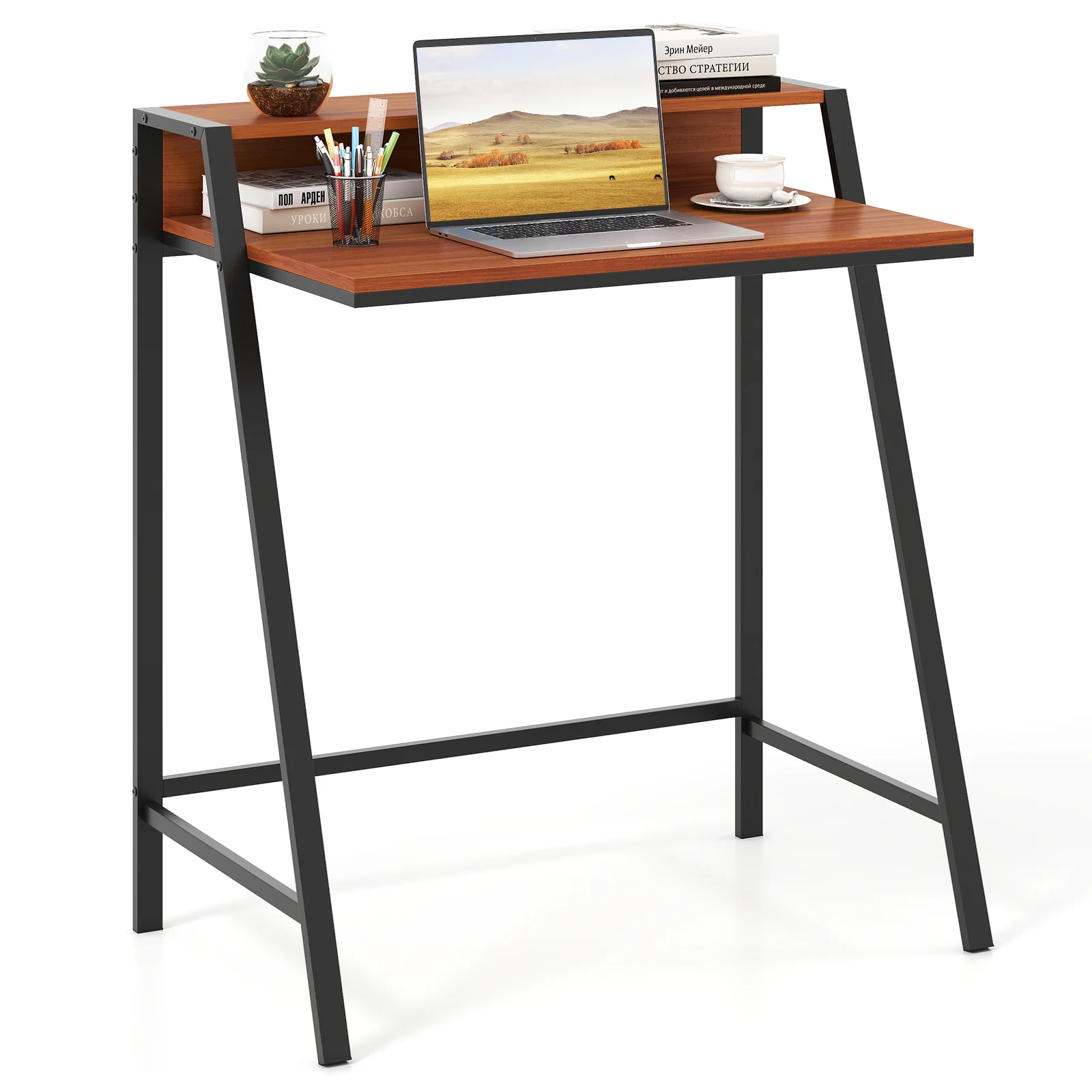 2 Tier Computer Desk, PC Laptop Table, Home Office Workstation, Walnut