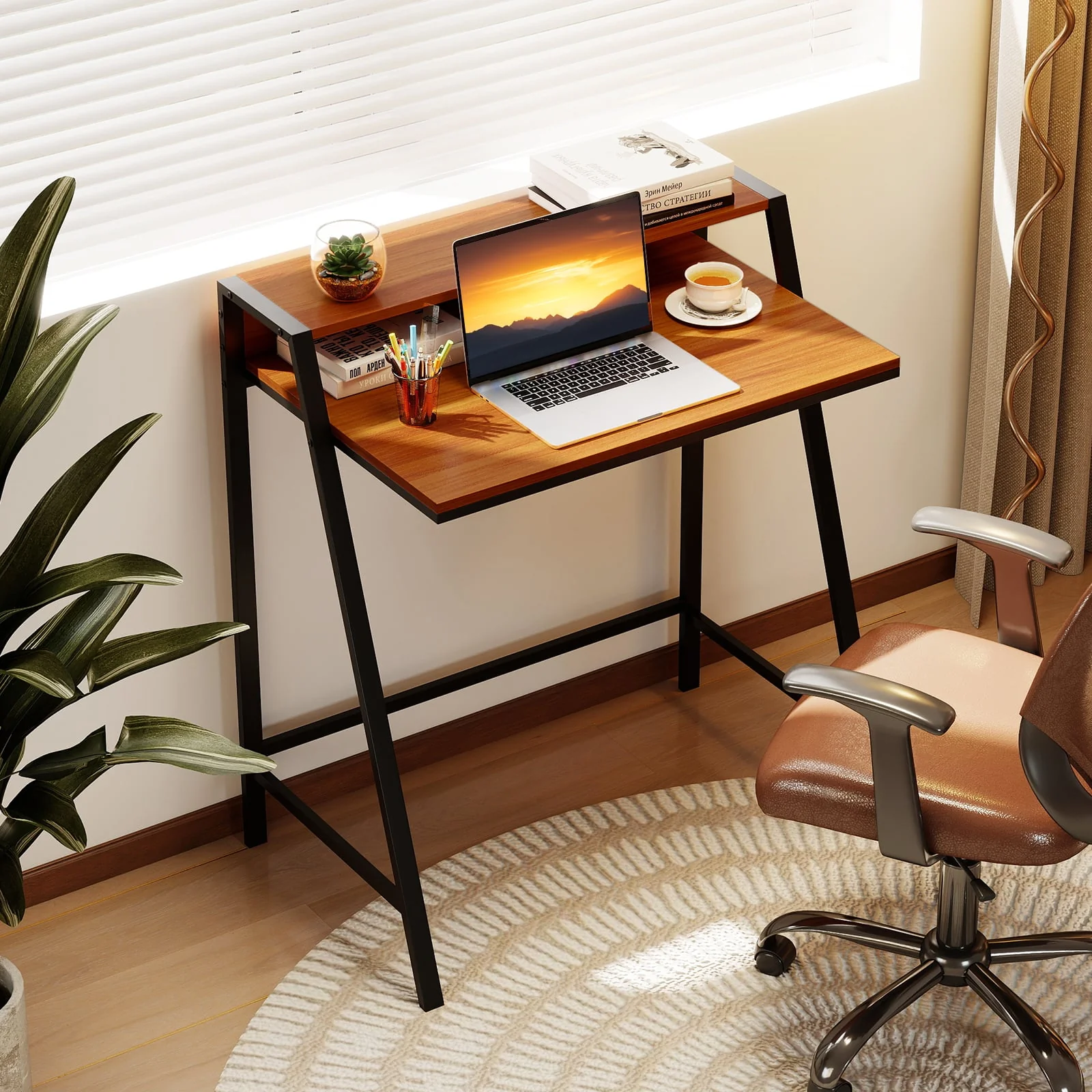 2 Tier Computer Desk, PC Laptop Table, Home Office Workstation, Walnut - Image 2