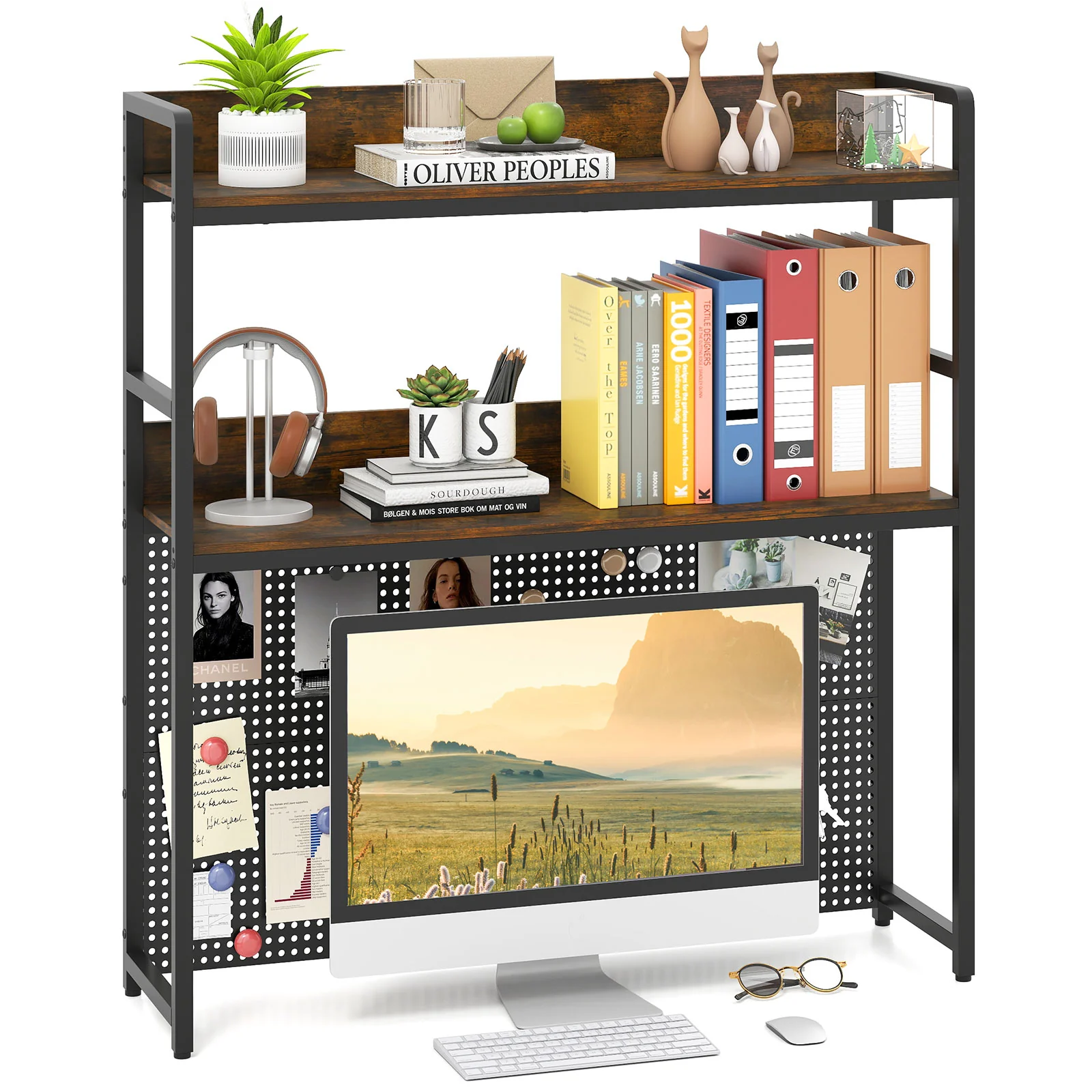 2-Tier Desktop Bookshelf With Pegboard, 32 Inch, Rustic Brown