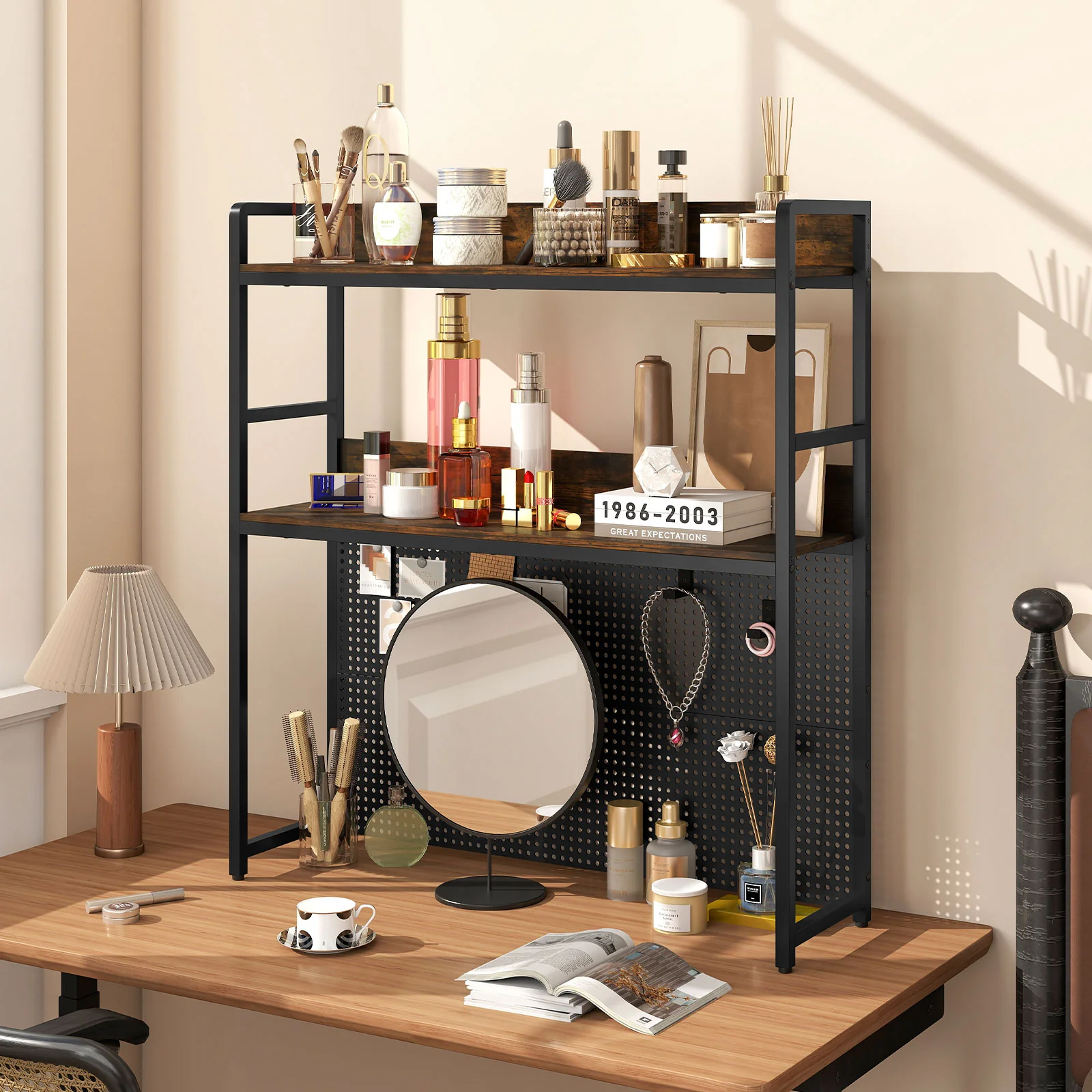 2-Tier Desktop Bookshelf With Pegboard, 32 Inch, Rustic Brown - Image 3