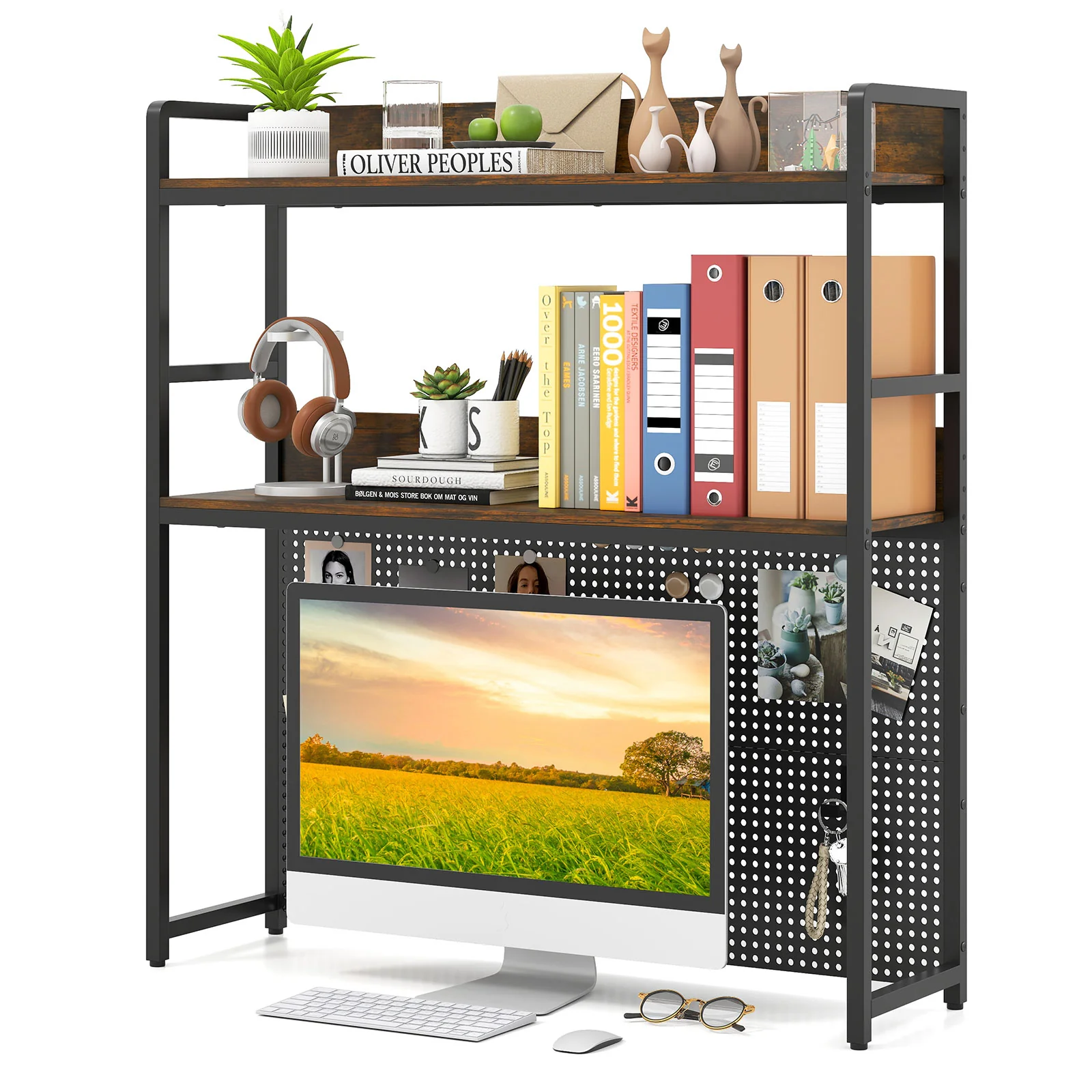 2-Tier Desktop Bookshelf With Pegboard, 32 Inch, Rustic Brown - Image 5