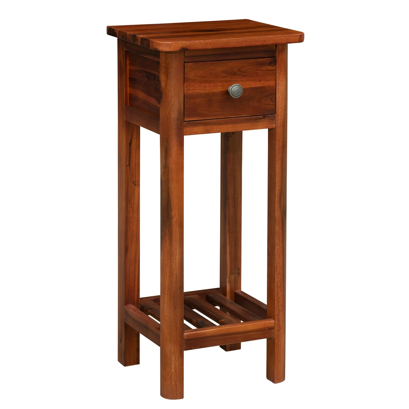 2 Tier End Bedside Table With Drawer Shelf, Brown