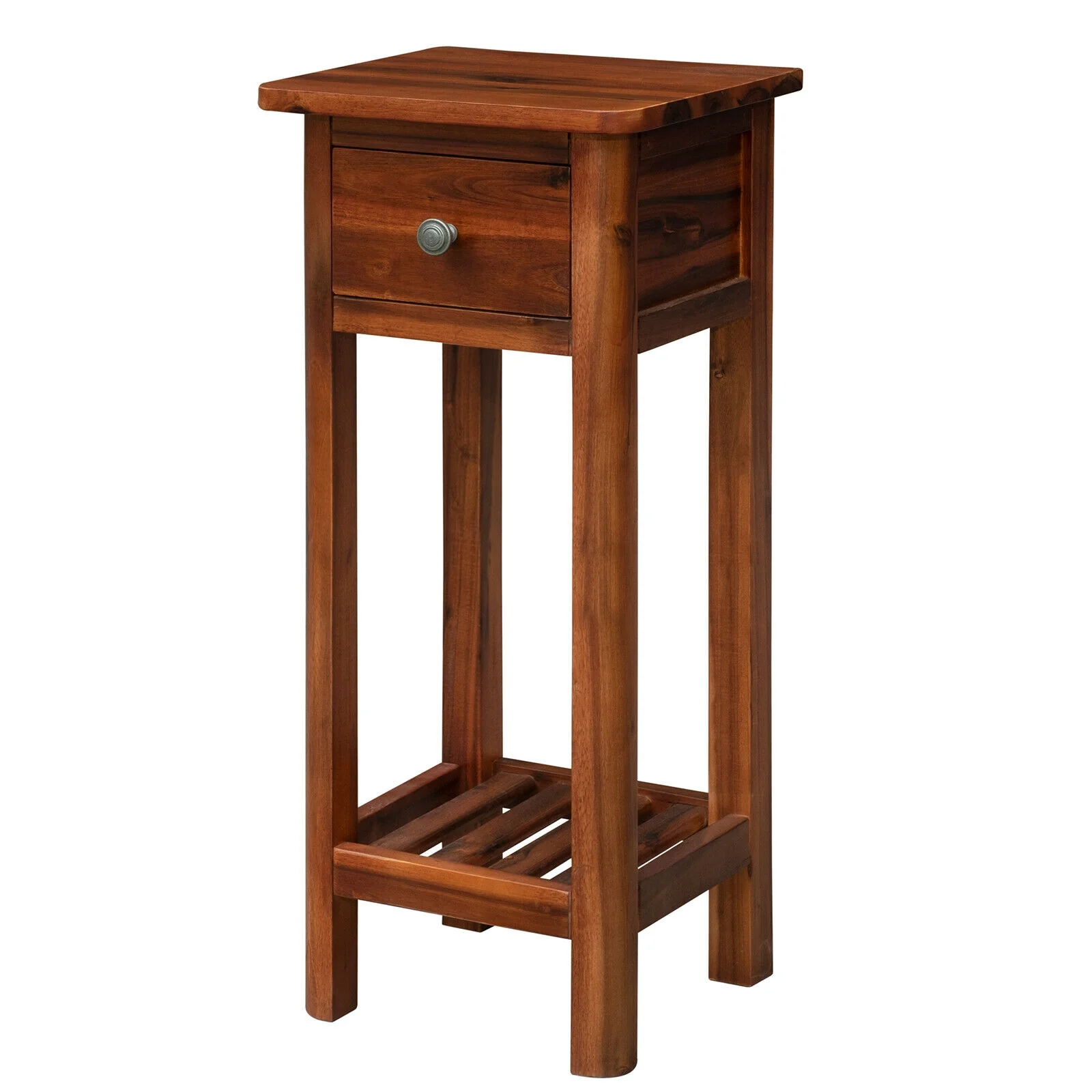 2 Tier End Bedside Table With Drawer Shelf, Brown - Image 6