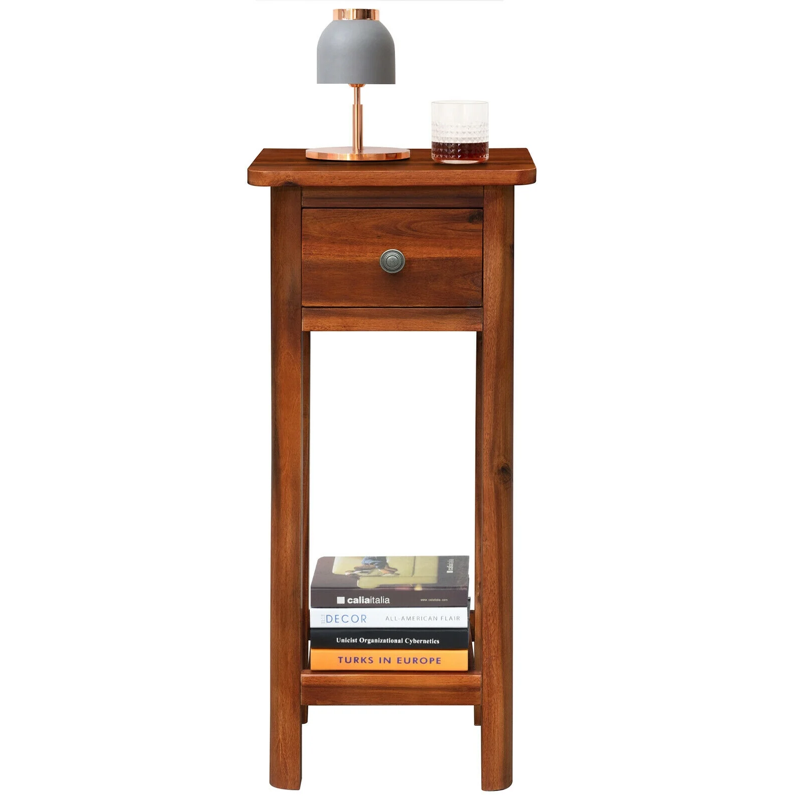 2 Tier End Bedside Table With Drawer Shelf, Brown - Image 7
