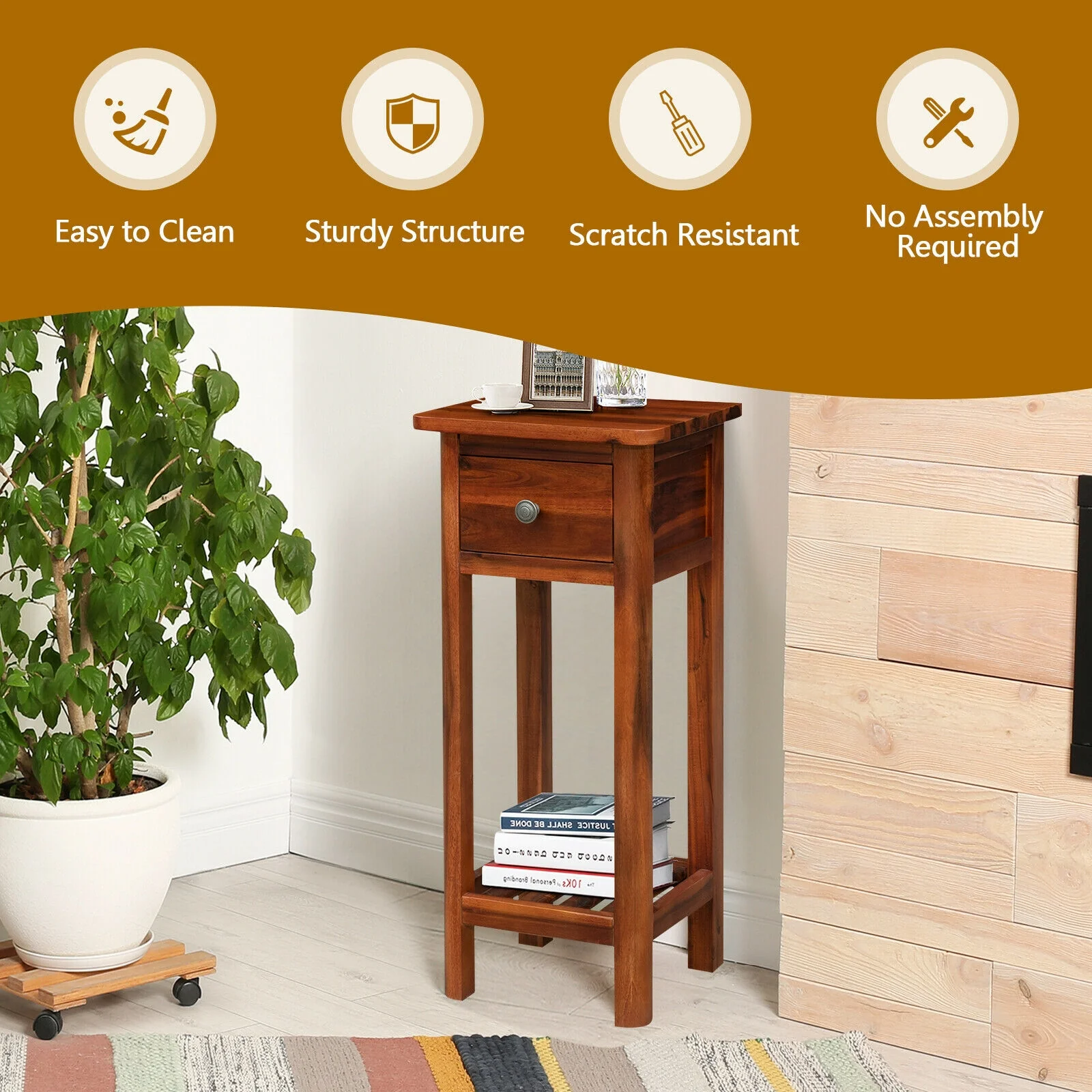 2 Tier End Bedside Table With Drawer Shelf, Brown - Image 8