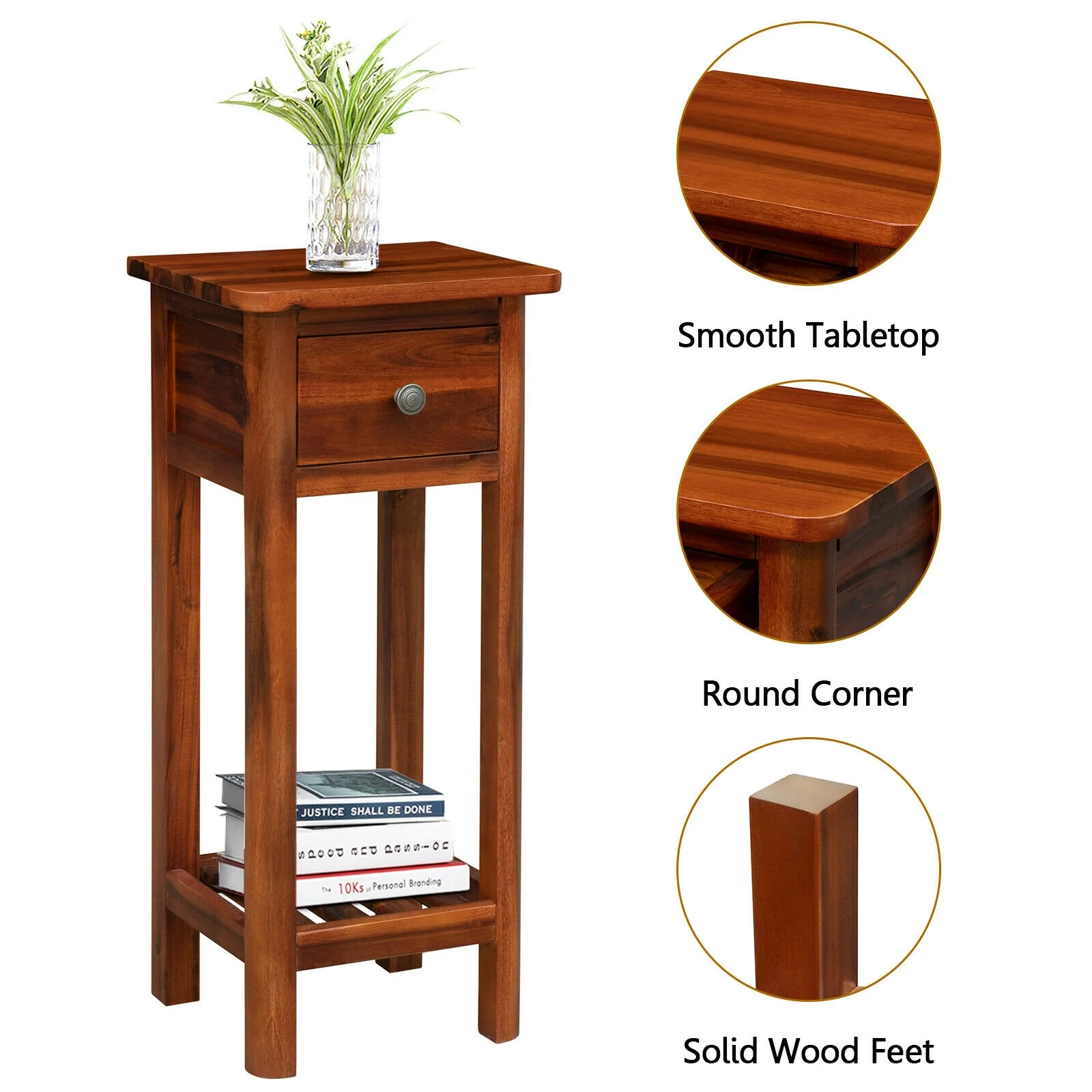 2 Tier End Bedside Table With Drawer Shelf, Brown - Image 9