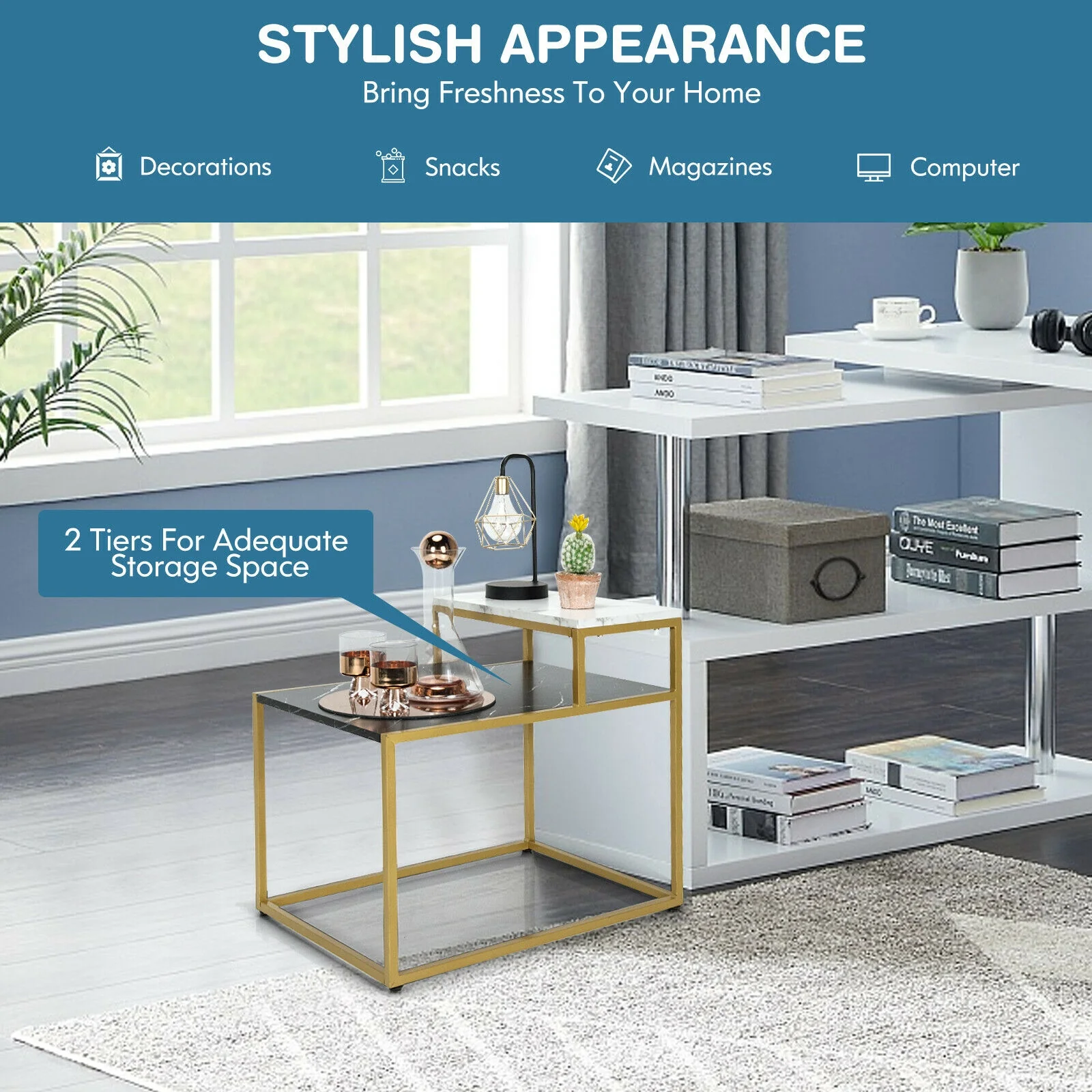 2 Tier End Side Table With Metal Frame, Storage Shelf, White - Image 10
