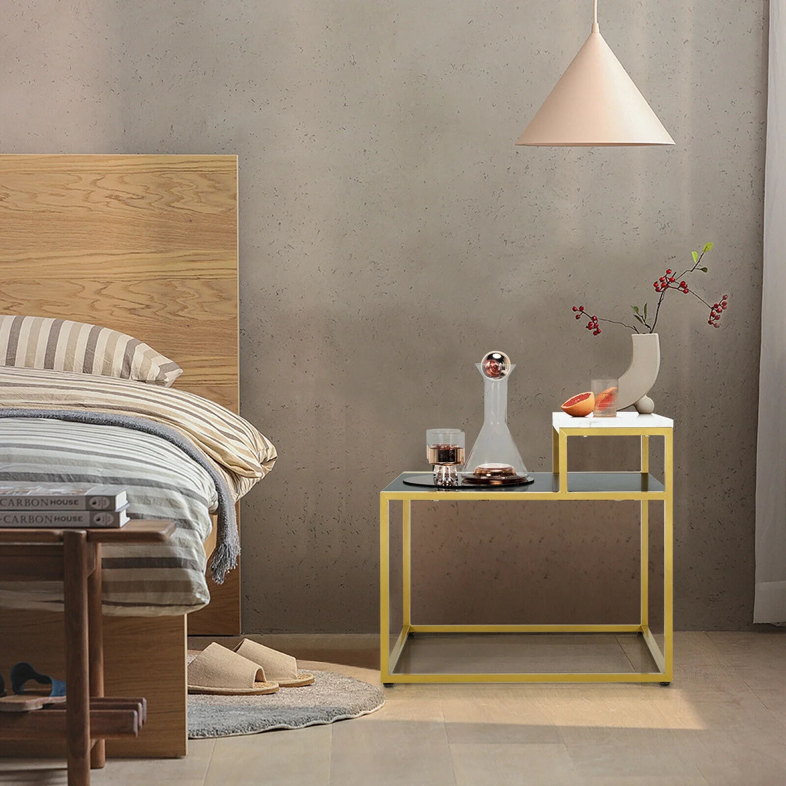 2 Tier End Side Table With Metal Frame, Storage Shelf, White - Image 3