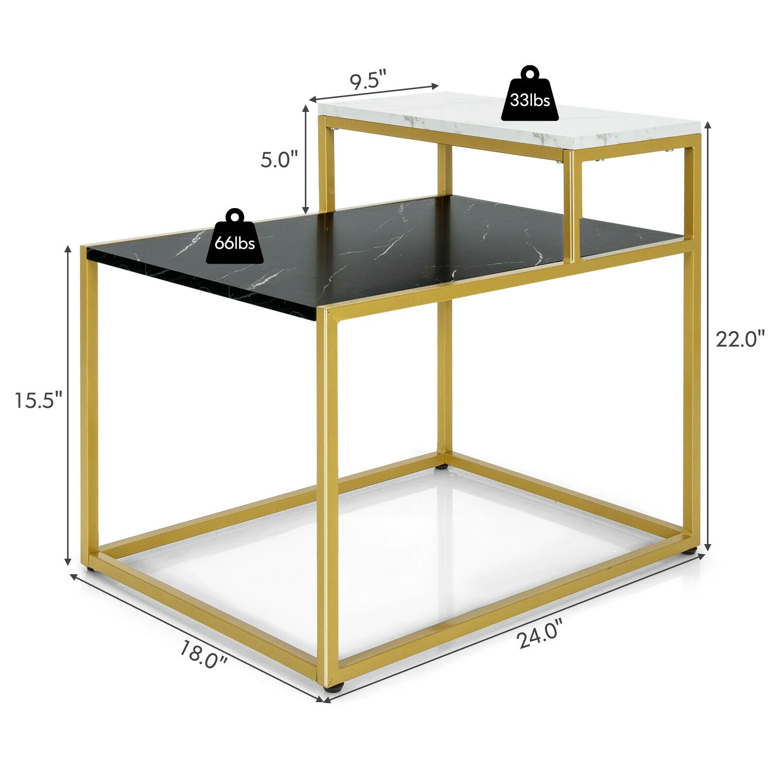 2 Tier End Side Table With Metal Frame, Storage Shelf, White - Image 6
